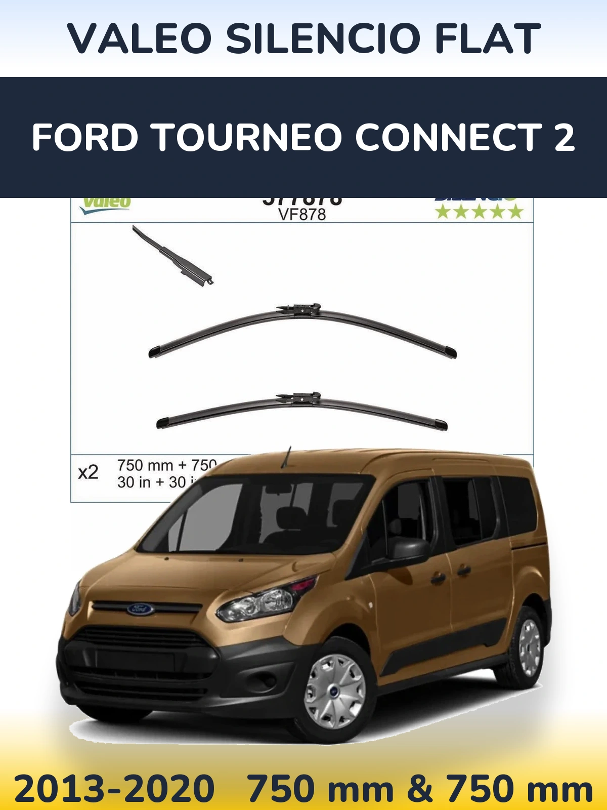 Front wiper blade set Valeo Silencio Flat 750 & 750 mm for Ford Tourneo Connect 2 2013-2020