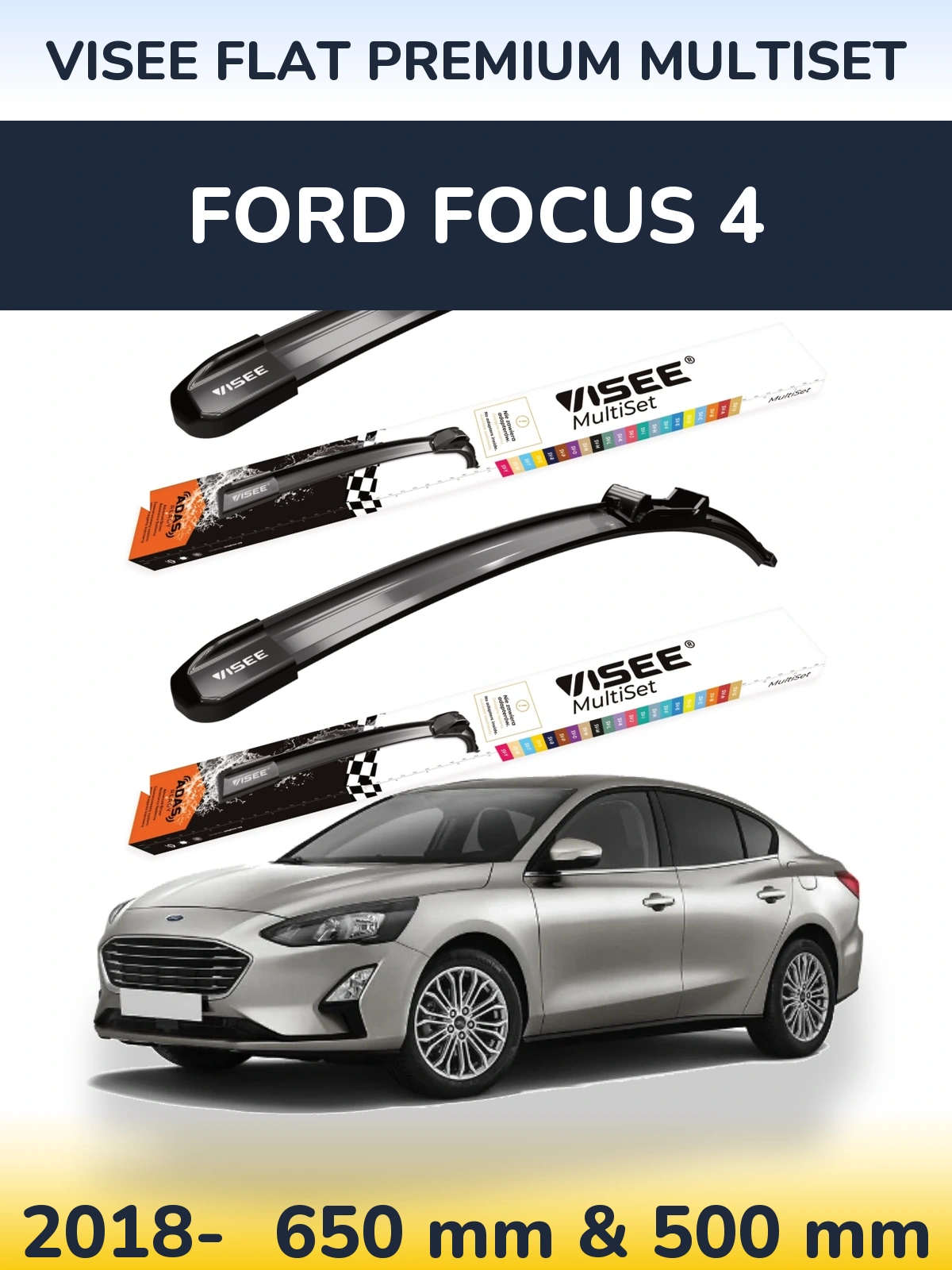 Комплект передніх щіток VISEE FLAT PREMIUM MultiSet 650 & 500 мм для Ford Focus 4 2018-2026