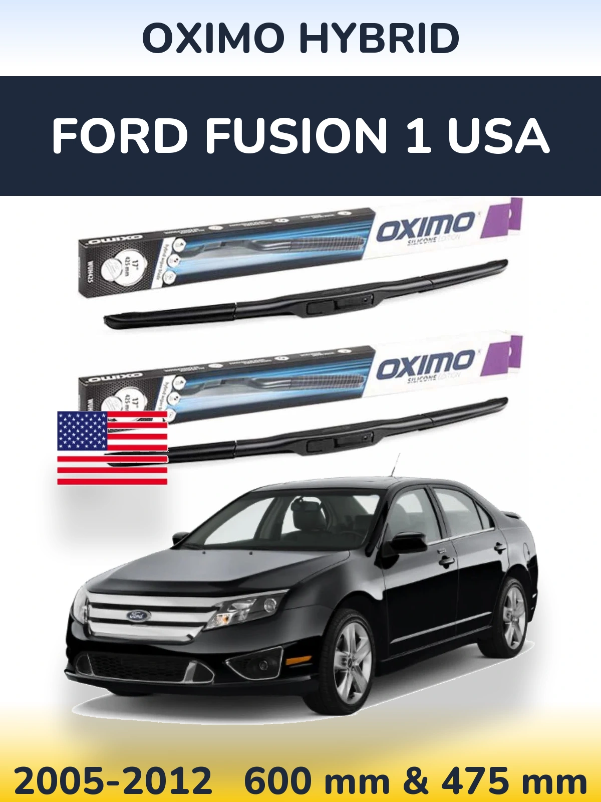 Front wiper blade set Oximo Hybrid 600 & 475 mm for Ford Fusion 1 USA 2005-2012