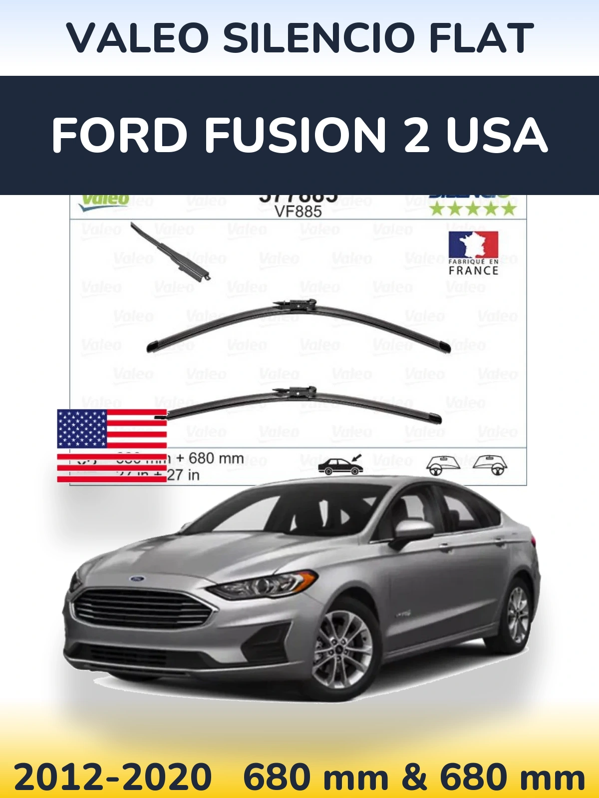 Front wiper blade set Valeo Silencio Flat 680 & 680 mm for Ford Fusion 2 USA 2012-2020