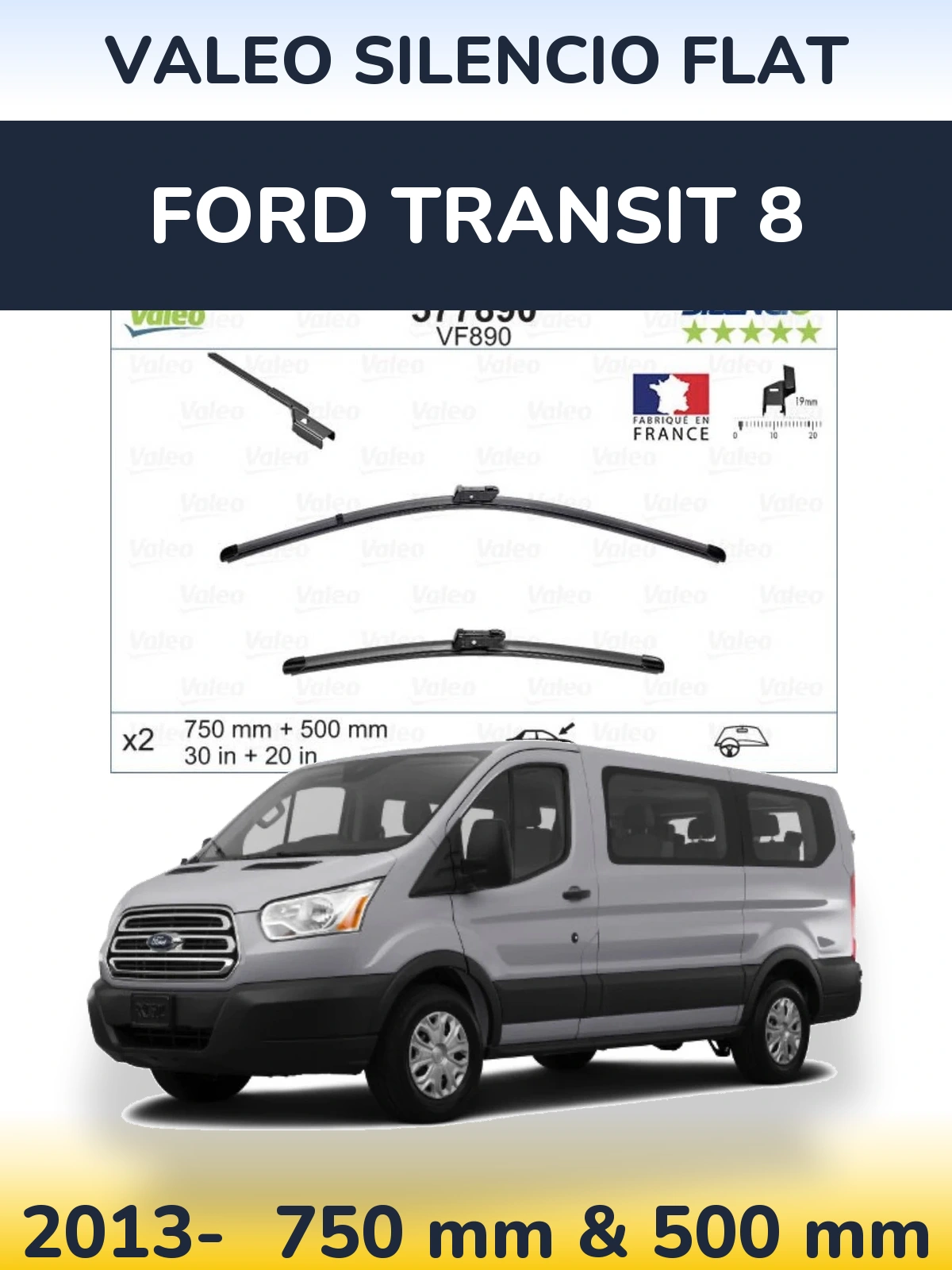 Front wiper blade set Valeo Silencio Flat 750 & 500 mm for Ford Transit 8 2013-2026