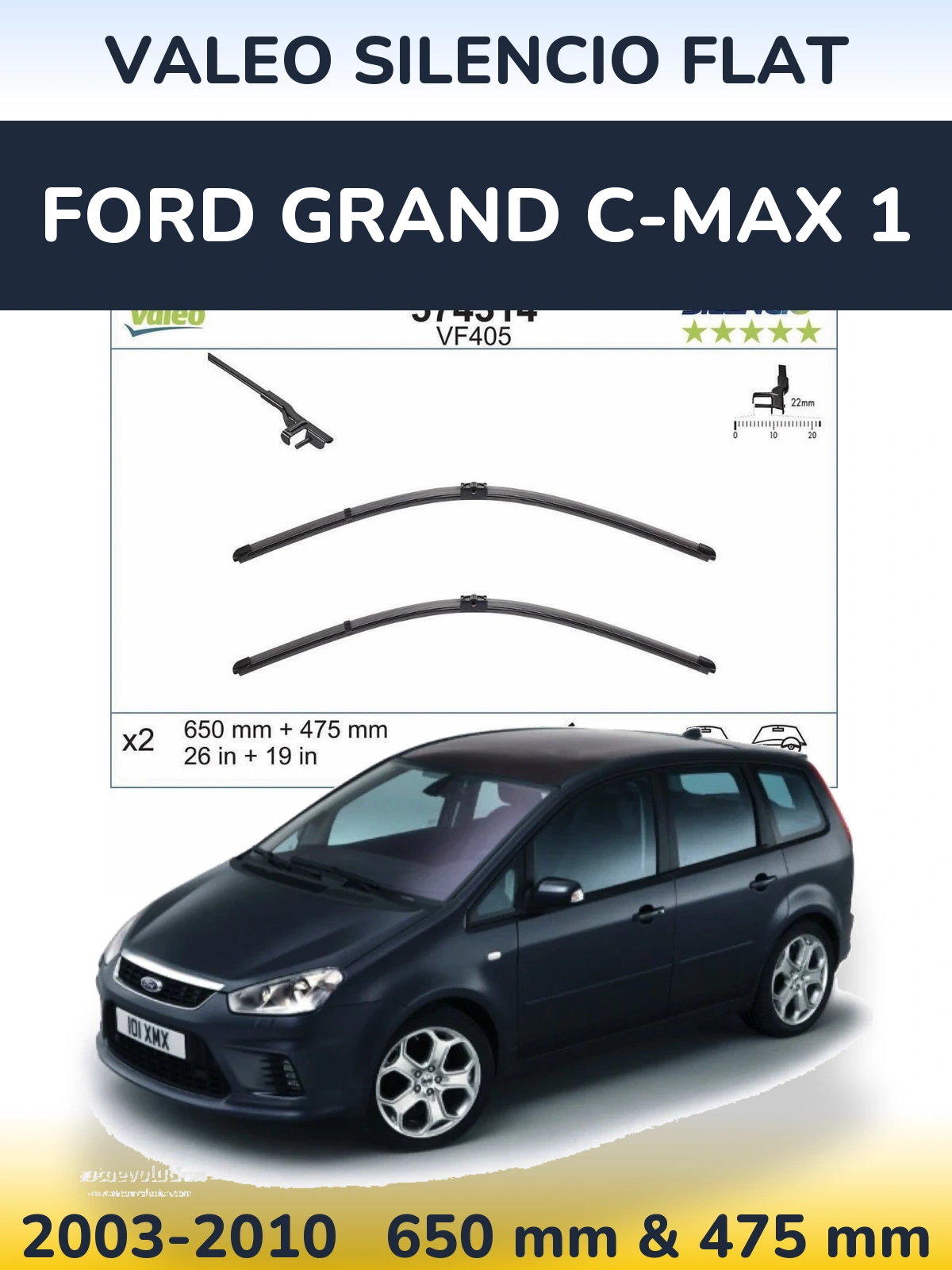 Комплект передніх щіток Valeo Silencio Flat 650 & 475 мм для Ford Grand C-MAX 1 2003-2010