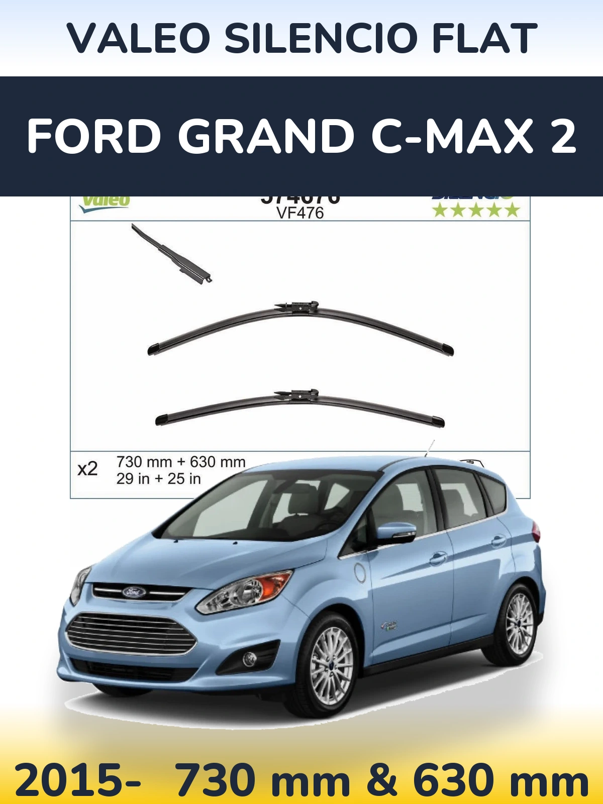 Front wiper blade set Valeo Silencio Flat 730 & 630 mm for Ford Grand C-MAX 2 2015-2026