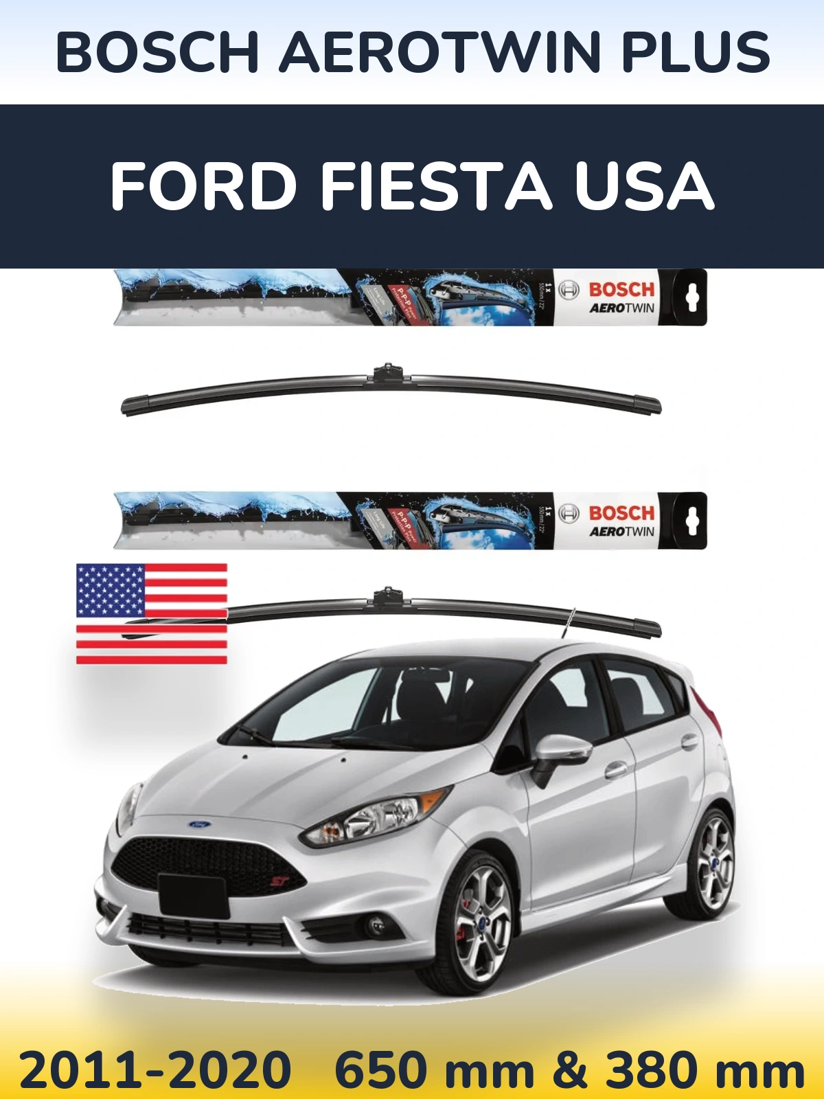 Комплект передних дворников BOSCH AeroTwin Plus 650 & 380 мм для Ford Fiesta USA 2011-2020