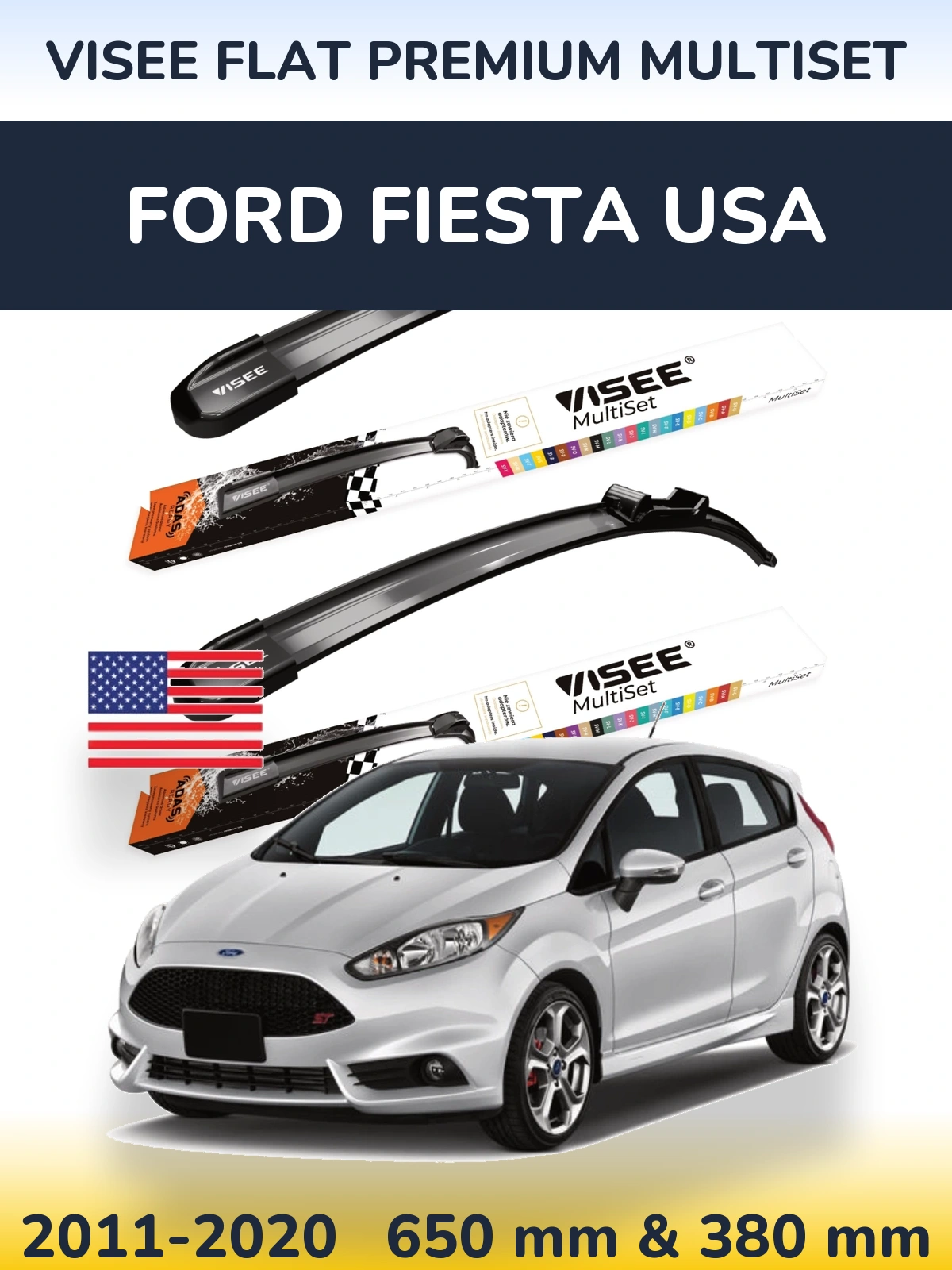 Комплект передних дворников VISEE FLAT PREMIUM MultiSet 650 & 380 мм для Ford Fiesta USA 2011-2020