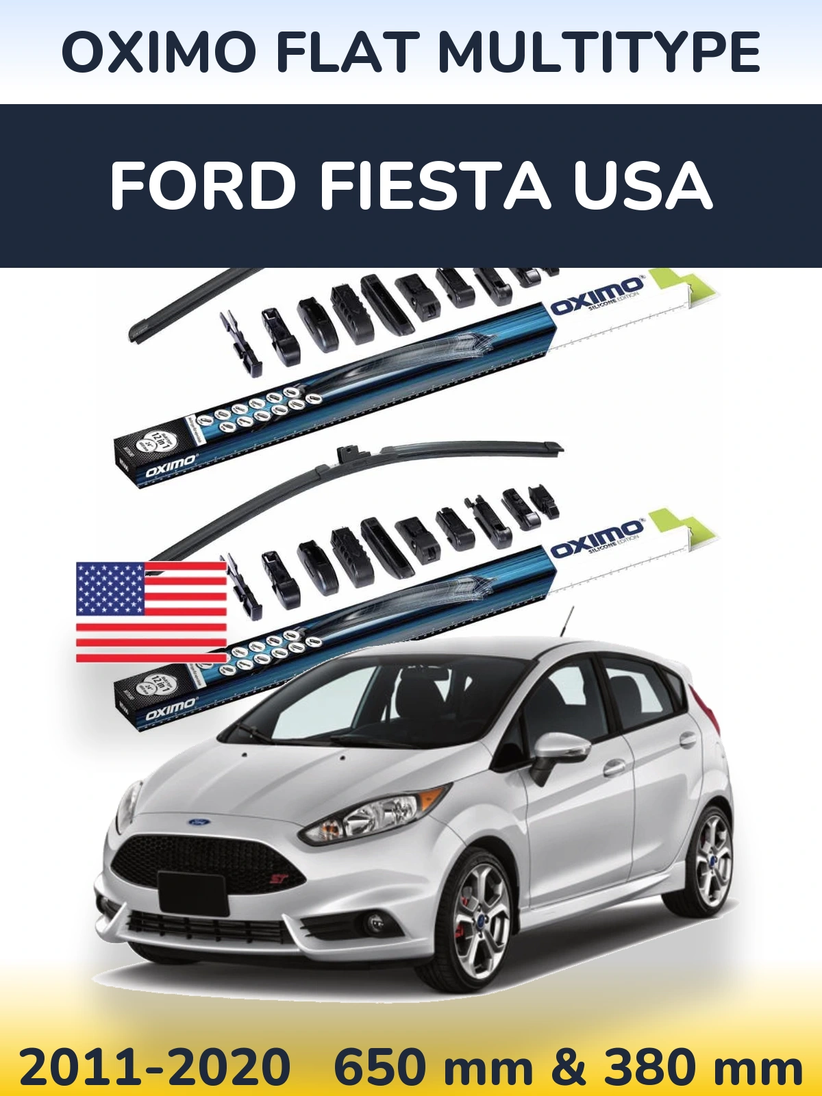 Front wiper blade set Oximo Flat MultiTipoe 650 & 380 mm for Ford Fiesta USA 2011-2020
