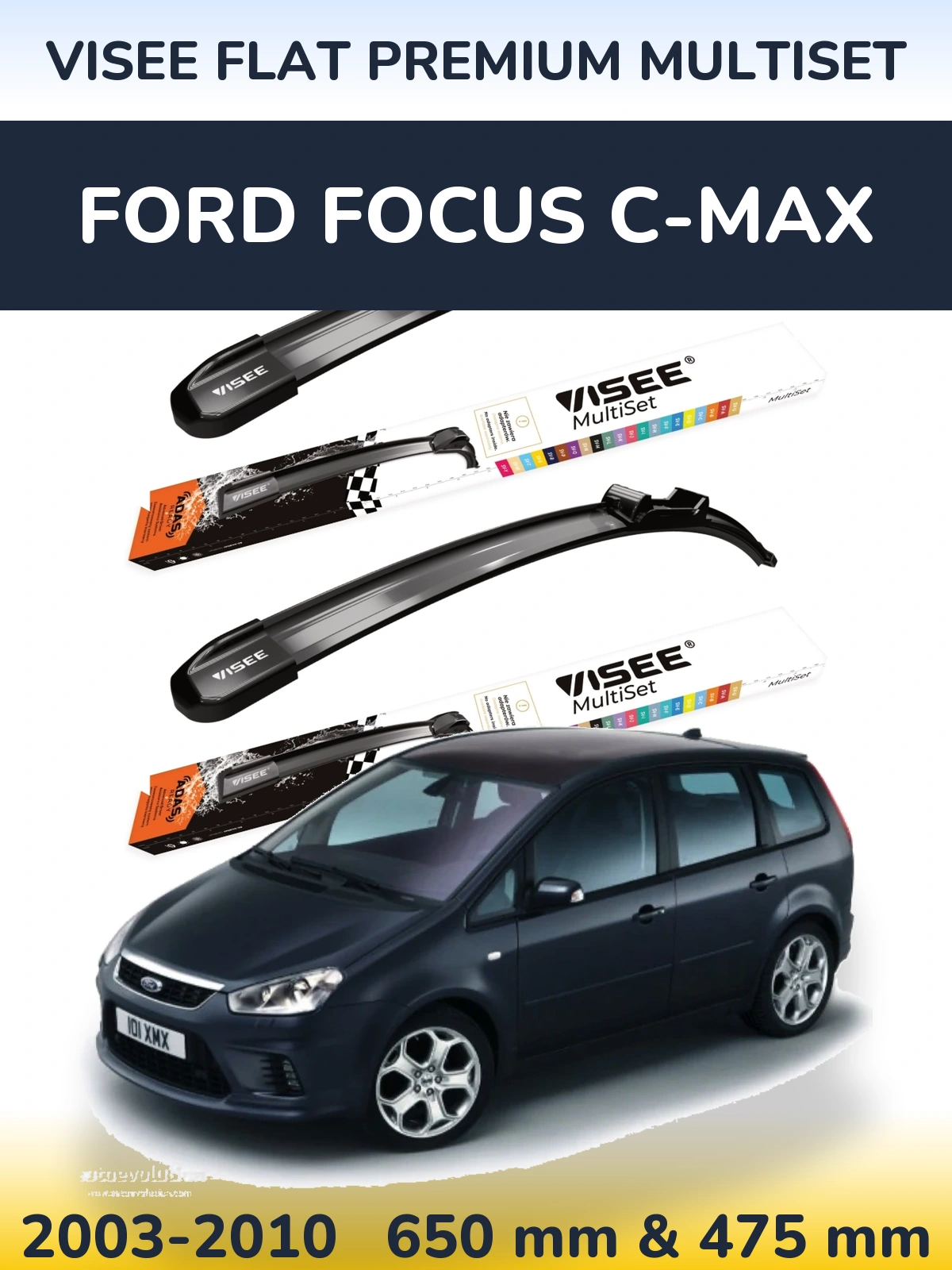 Front wiper blade set VISEE FLAT PREMIUM MultiSet 650 & 475 mm for Ford Focus C-MAX 2003-2010