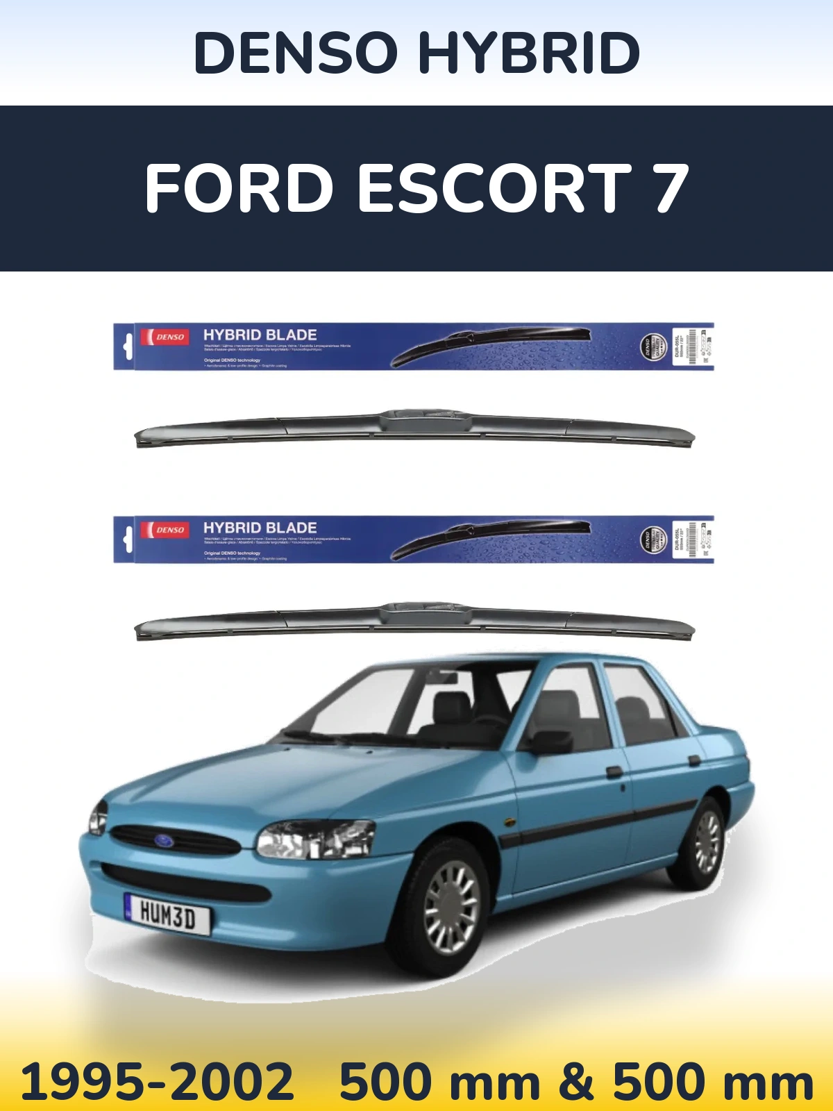 Front wiper blade set Denso Hybrid 500 & 500 mm for Ford Escort 7 1995-2002