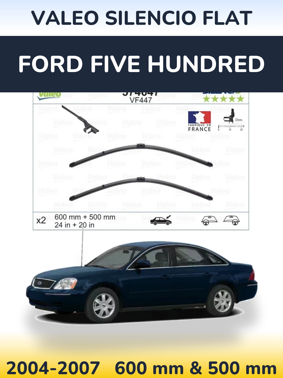 Front wiper blade set Valeo Silencio Flat 600 & 500 mm for Ford Five Hundred 2004-2007