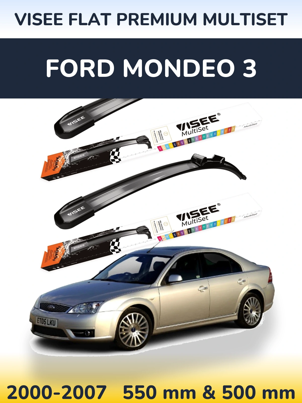 Front wiper blade set VISEE FLAT PREMIUM MultiSet 550 & 500 mm for Ford Mondeo 3 2000-2007