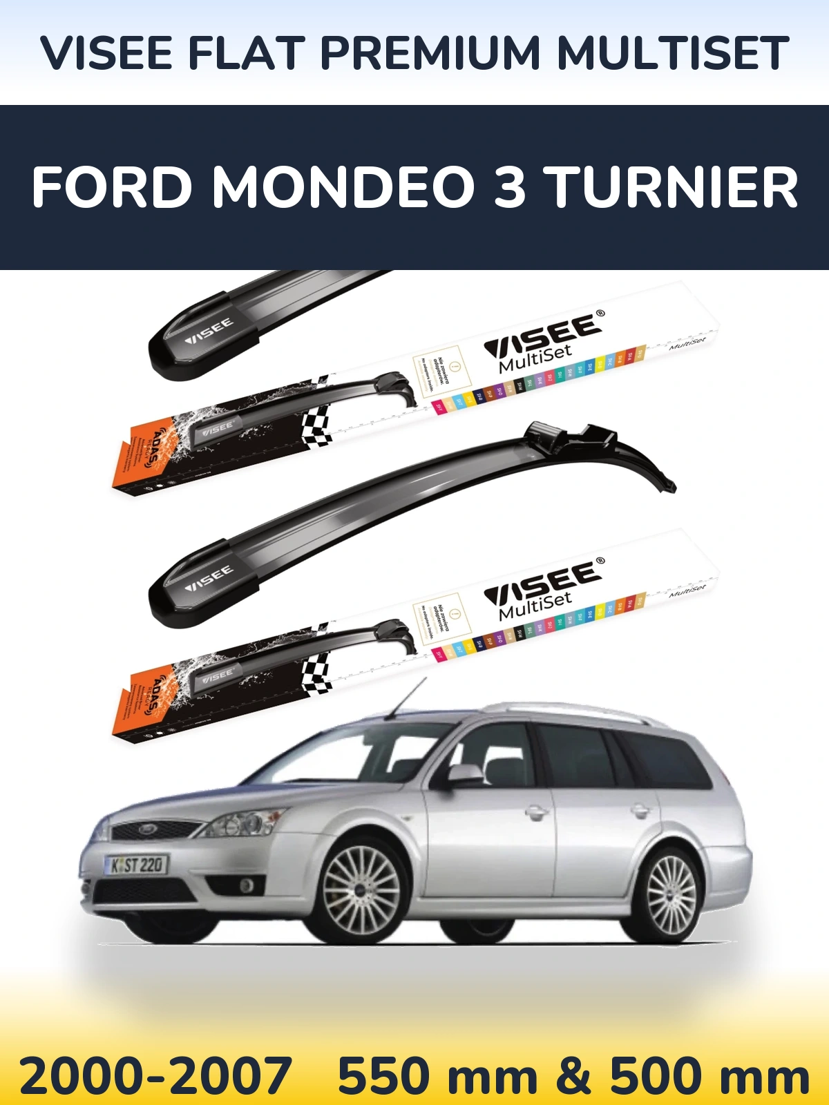Front wiper blade set VISEE FLAT PREMIUM MultiSet 550 & 500 mm for Ford Mondeo 3 Turnier 2000-2007