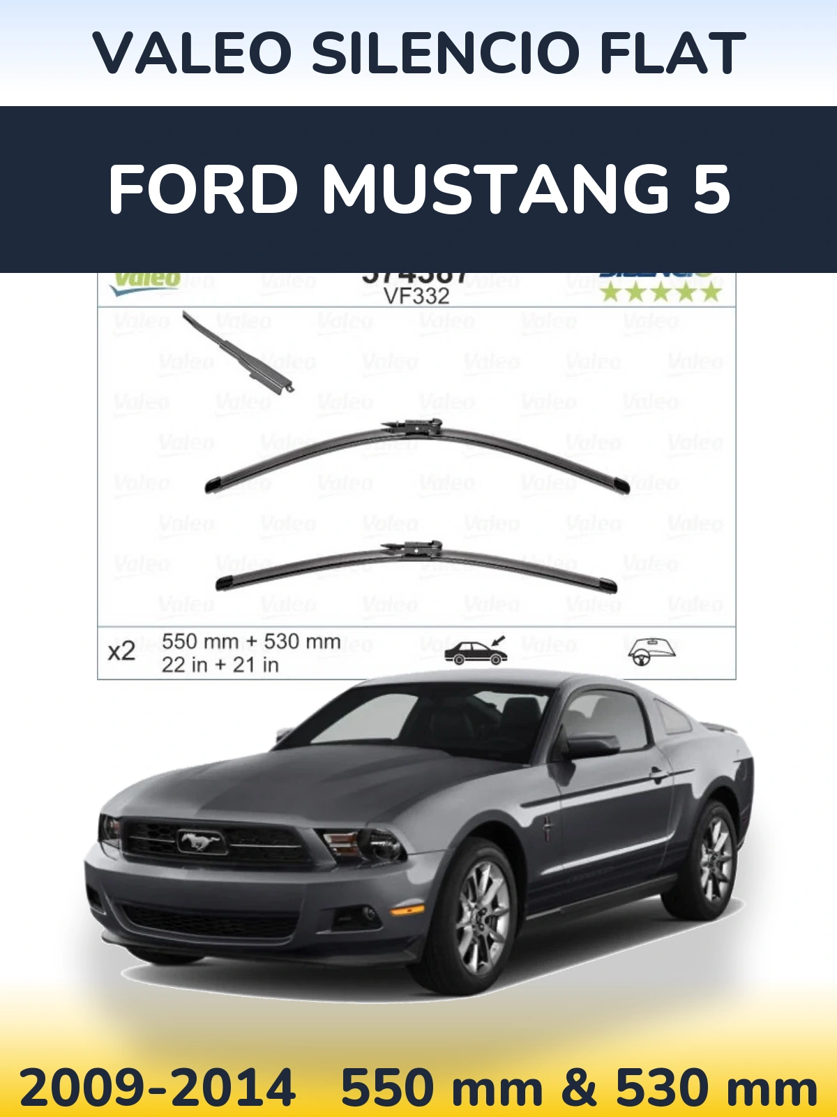 Front wiper blade set Valeo Silencio Flat 550 & 530 mm for Ford Mustang 5 2009-2014