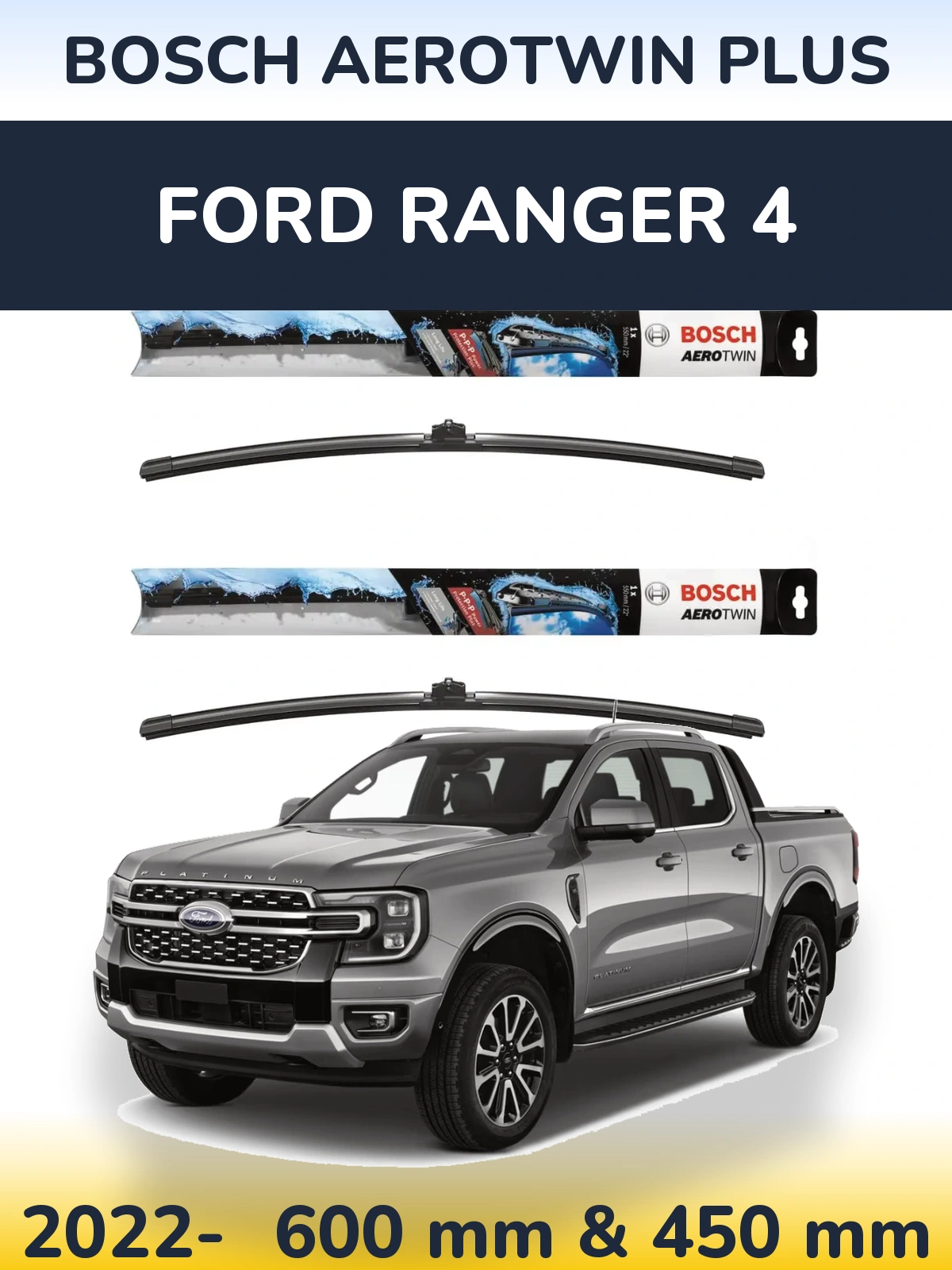 Комплект передніх щіток BOSCH AeroTwin Plus 600 & 450 мм для Ford Ranger 4 2022-2026