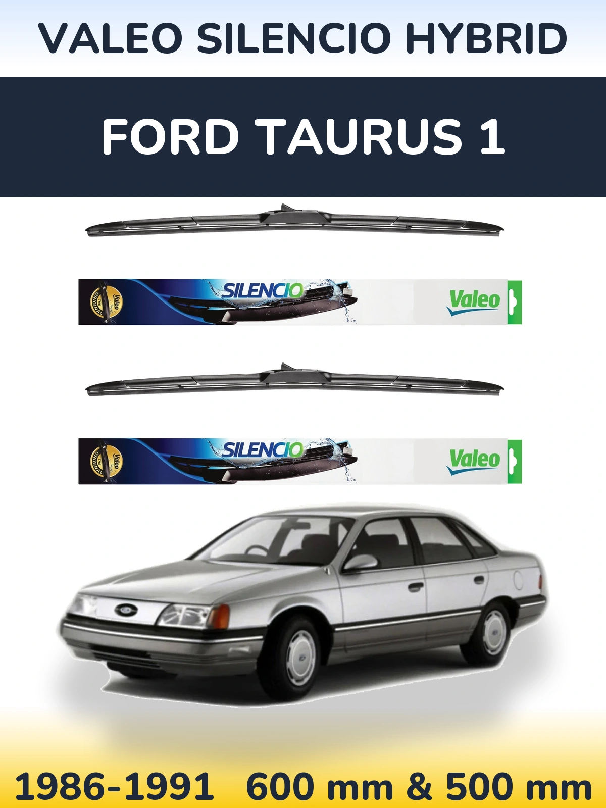 Front wiper blade set Valeo Silencio Hybrid 600 & 500 mm for Ford Taurus 1 1986-1991