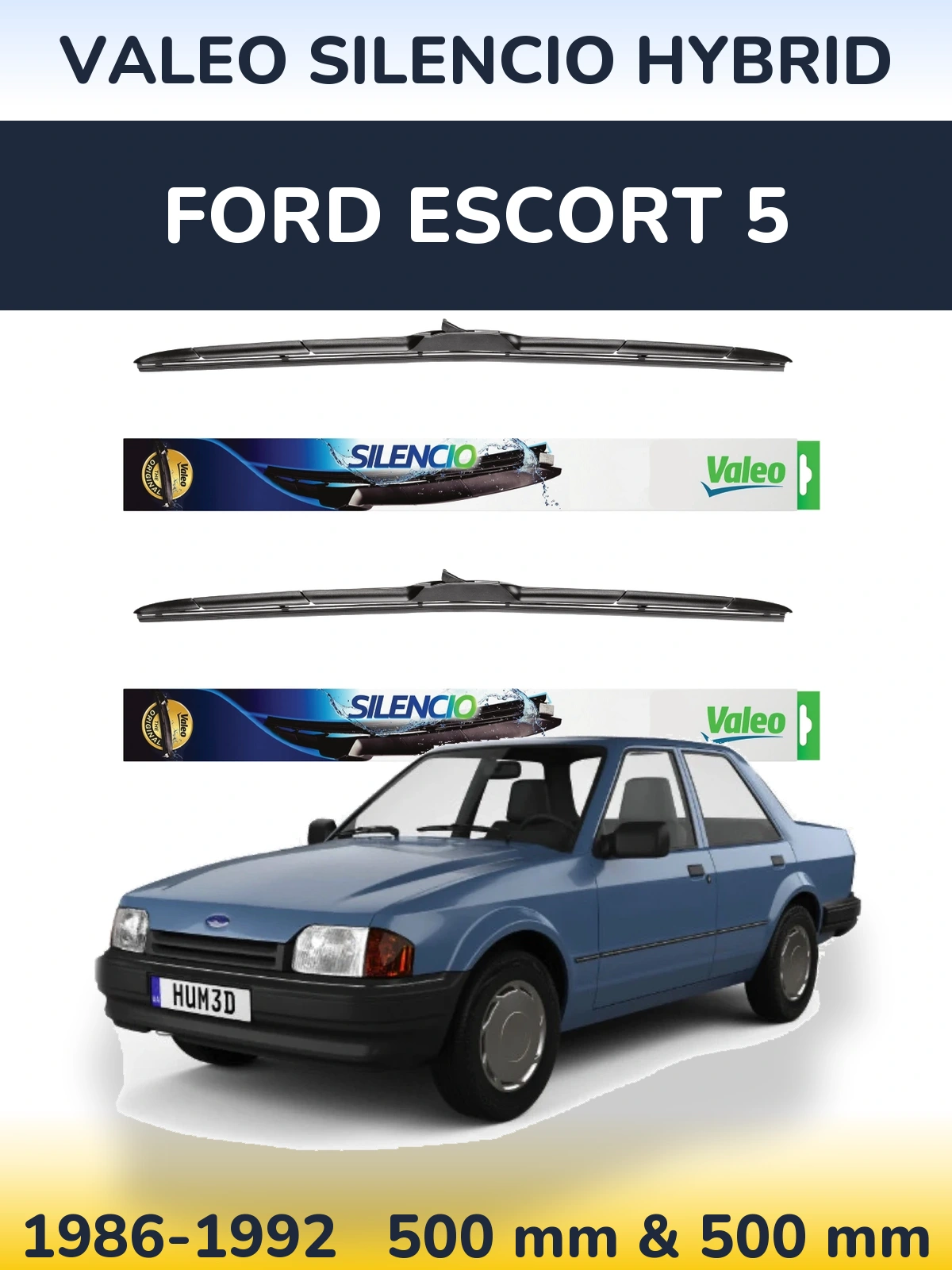 Front wiper blade set Valeo Silencio Hybrid 500 & 500 mm for Ford Escort 5 1986-1992