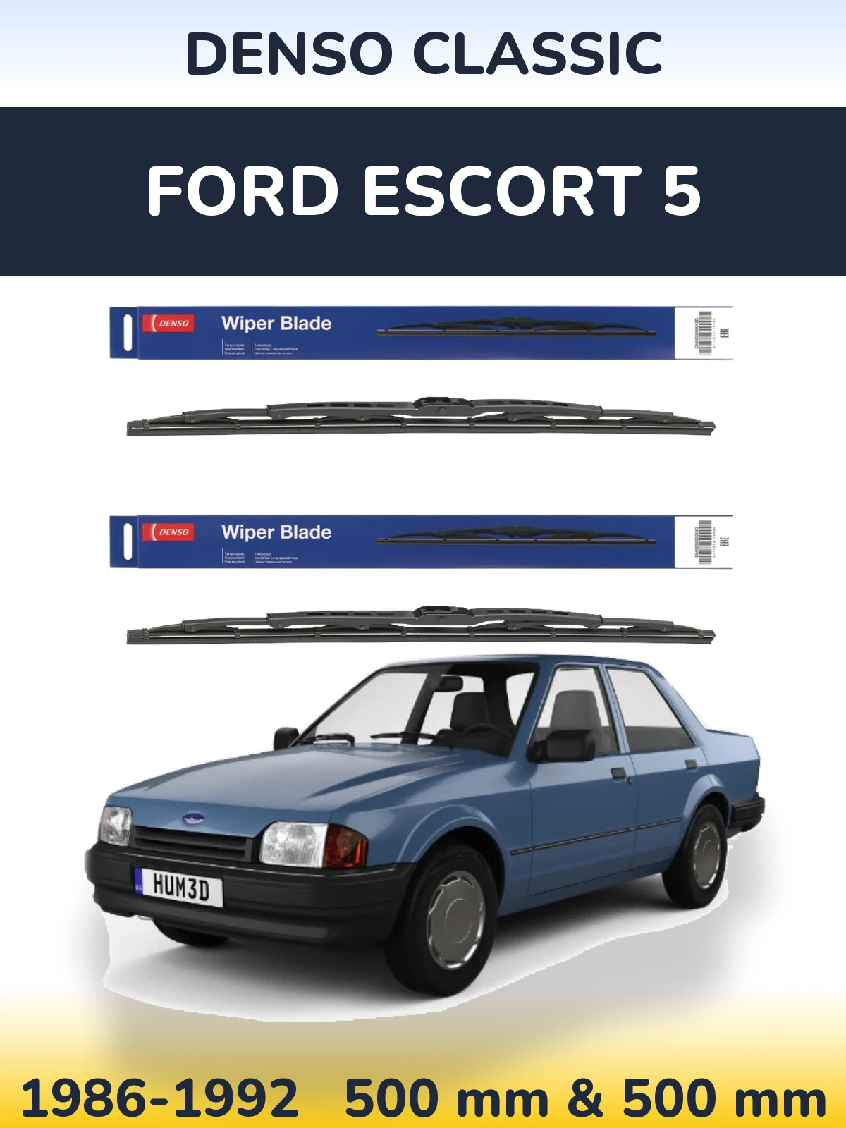 Front wiper blade set Denso Classic 500 & 500 mm for Ford Escort 5 1986-1992