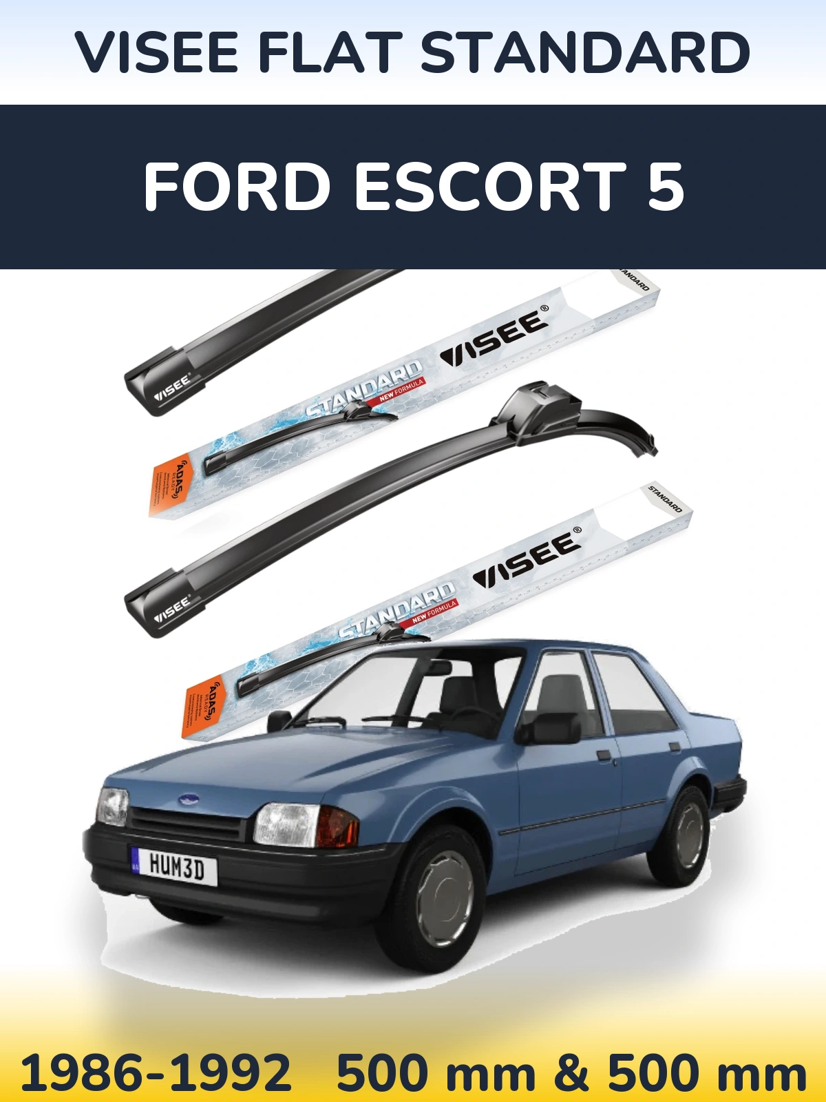 Front wiper blade set VISEE FLAT STANDARD 500 & 500 mm for Ford Escort 5 1986-1992