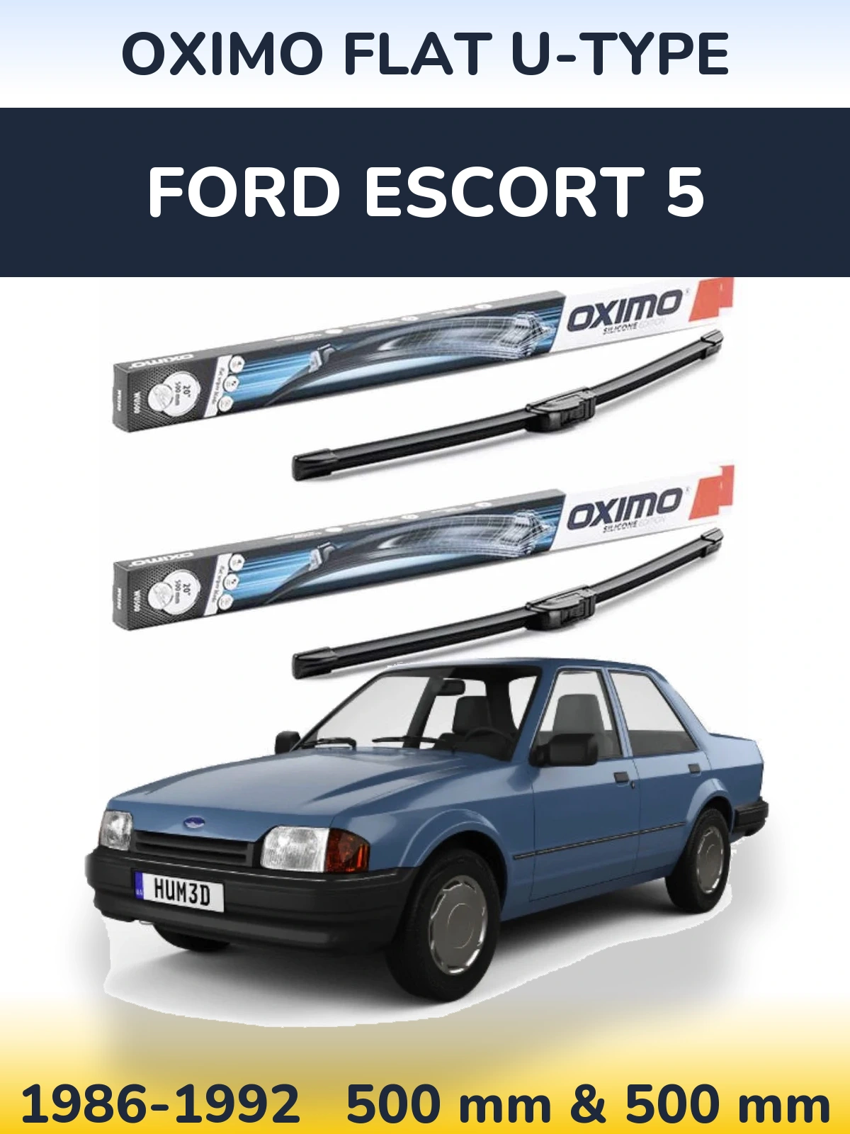 Front wiper blade set Oximo Flat U-type 500 & 500 mm for Ford Escort 5 1986-1992