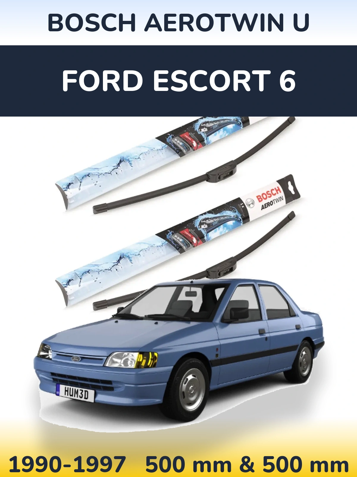 Front wiper blade set BOSCH AeroTwin U 500 & 500 mm for Ford Escort 6 1990-1997
