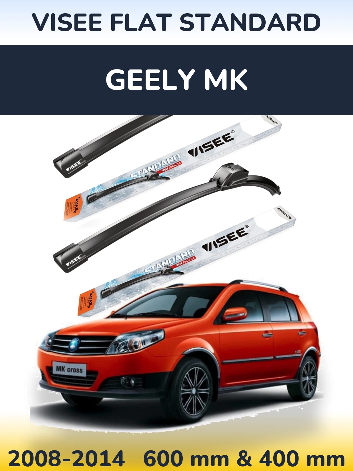 Front wiper blade set VISEE FLAT STANDARD 600 & 400 mm for Geely MK 2008-2014