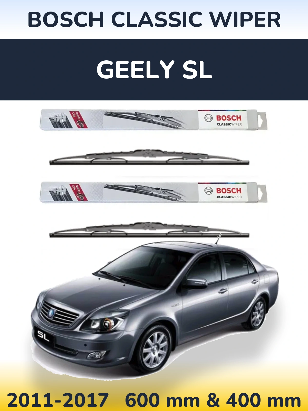 Front wiper blade set BOSCH Classic Wiper 600 & 400 mm for Geely SL 2011-2017