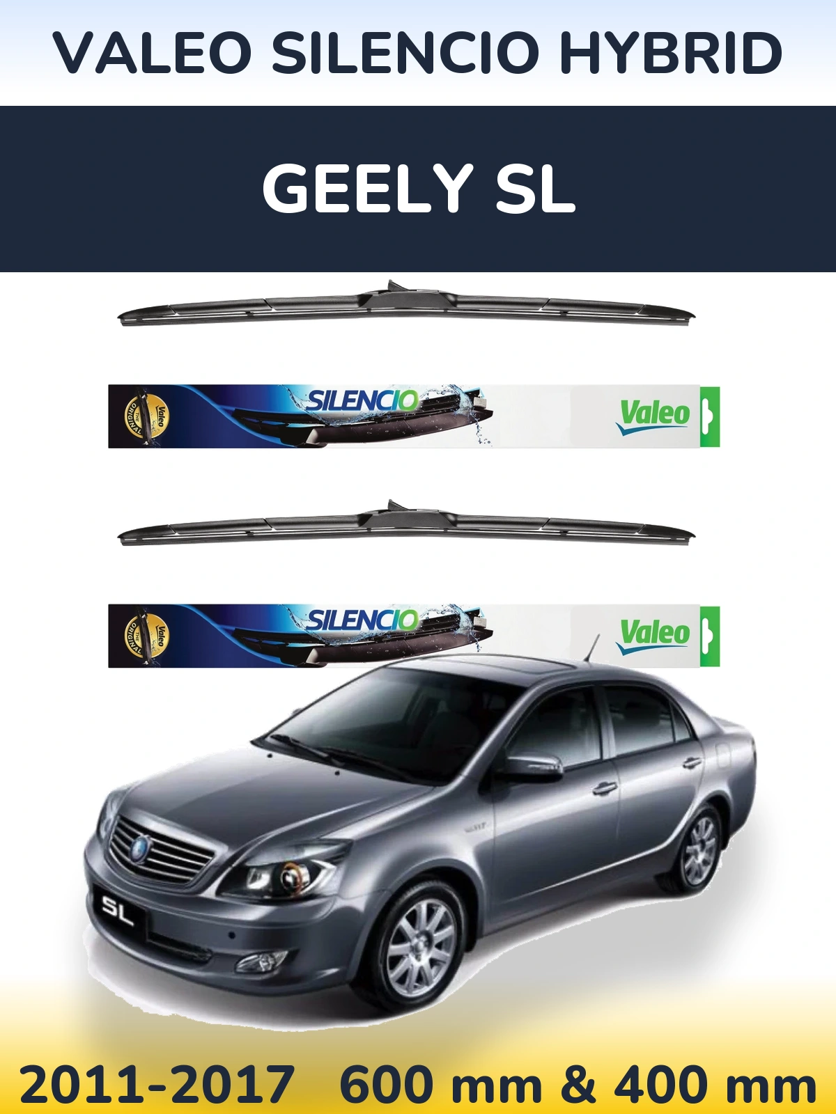 Front wiper blade set Valeo Silencio Hybrid 600 & 400 mm for Geely SL 2011-2017