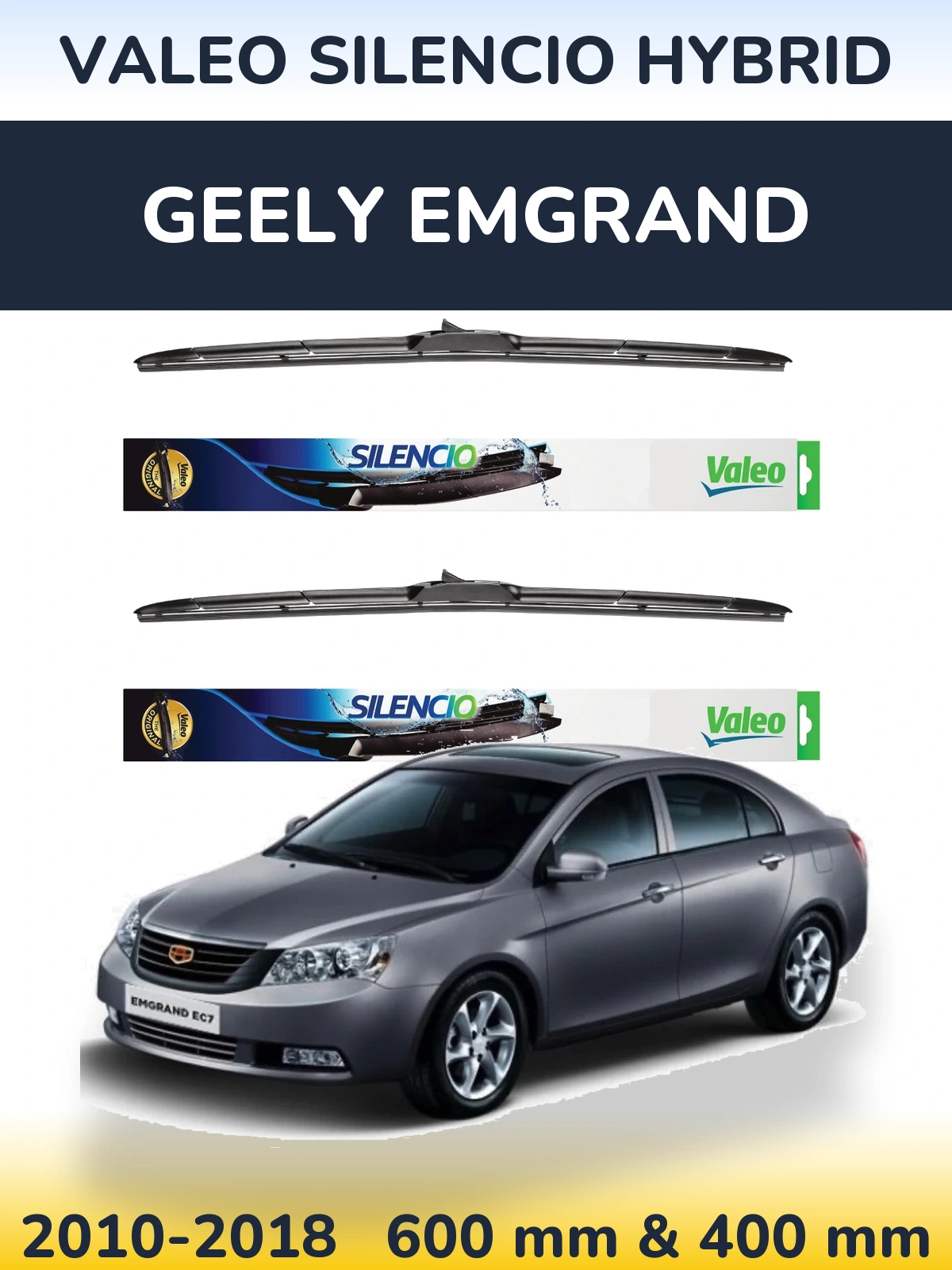 Front wiper blade set Valeo Silencio Hybrid 600 & 400 mm for Geely Emgrand 2010-2018