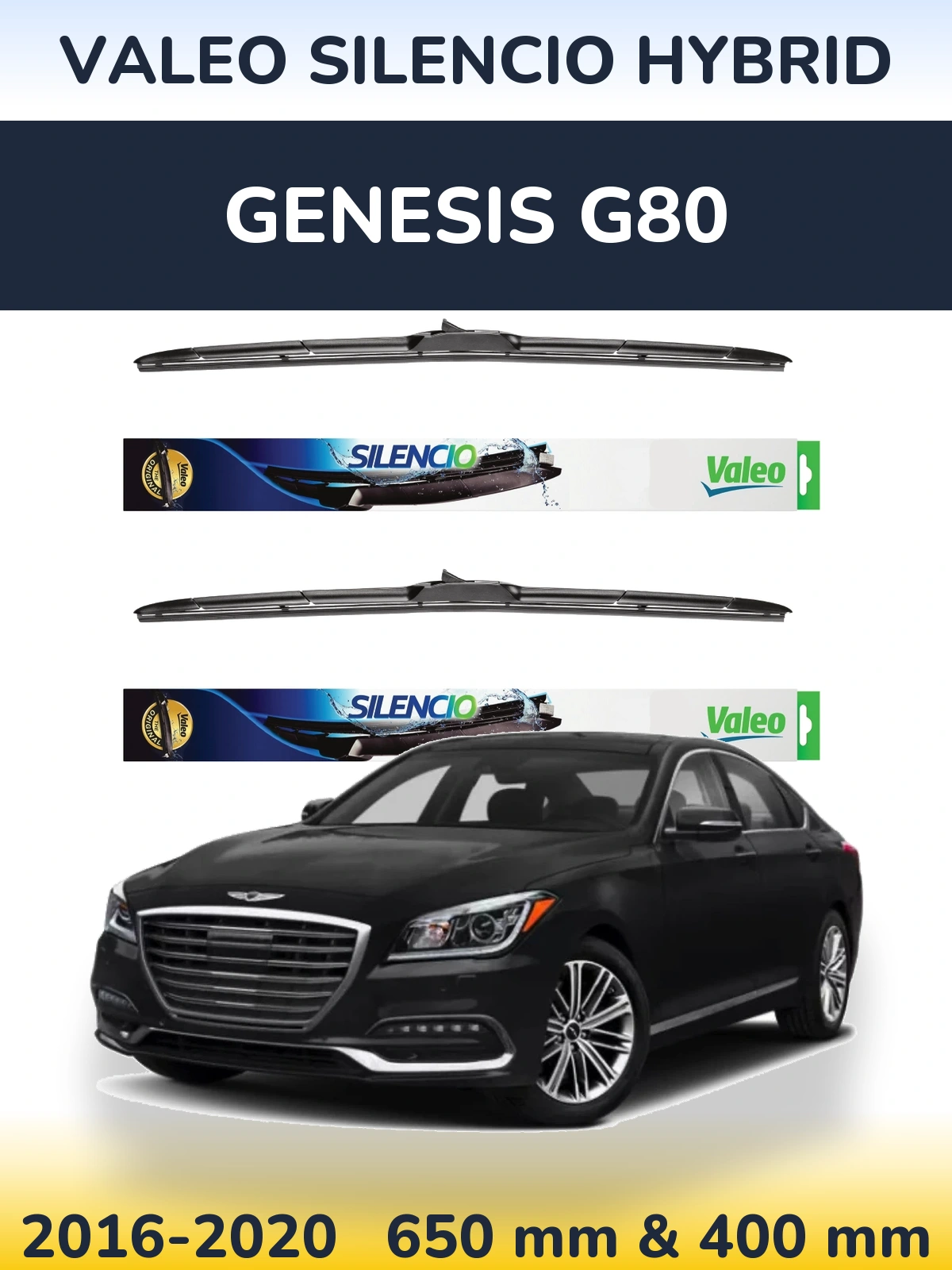 Front wiper blade set Valeo Silencio Hybrid 650 & 400 mm for Genesis G80 2016-2020