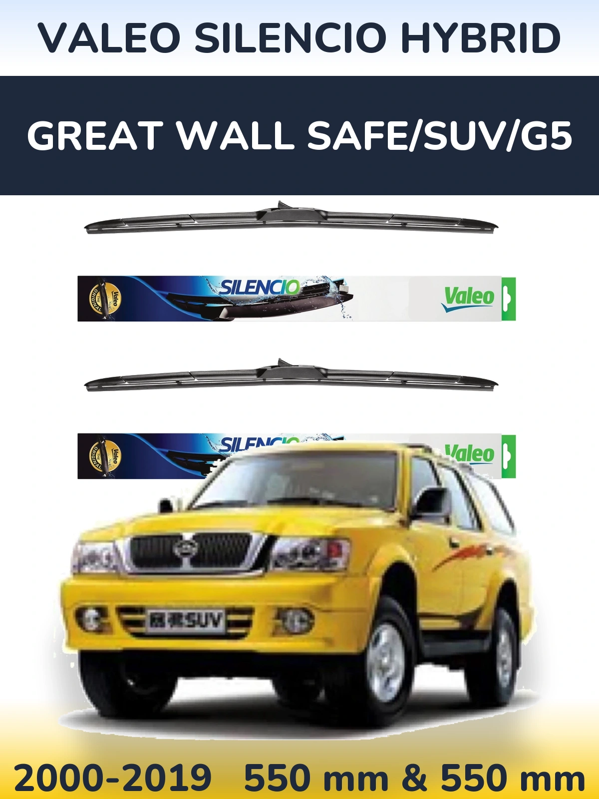 Front wiper blade set Valeo Silencio Hybrid 550 & 550 mm for Great Wall Safe/SUV/G5 2000-2019