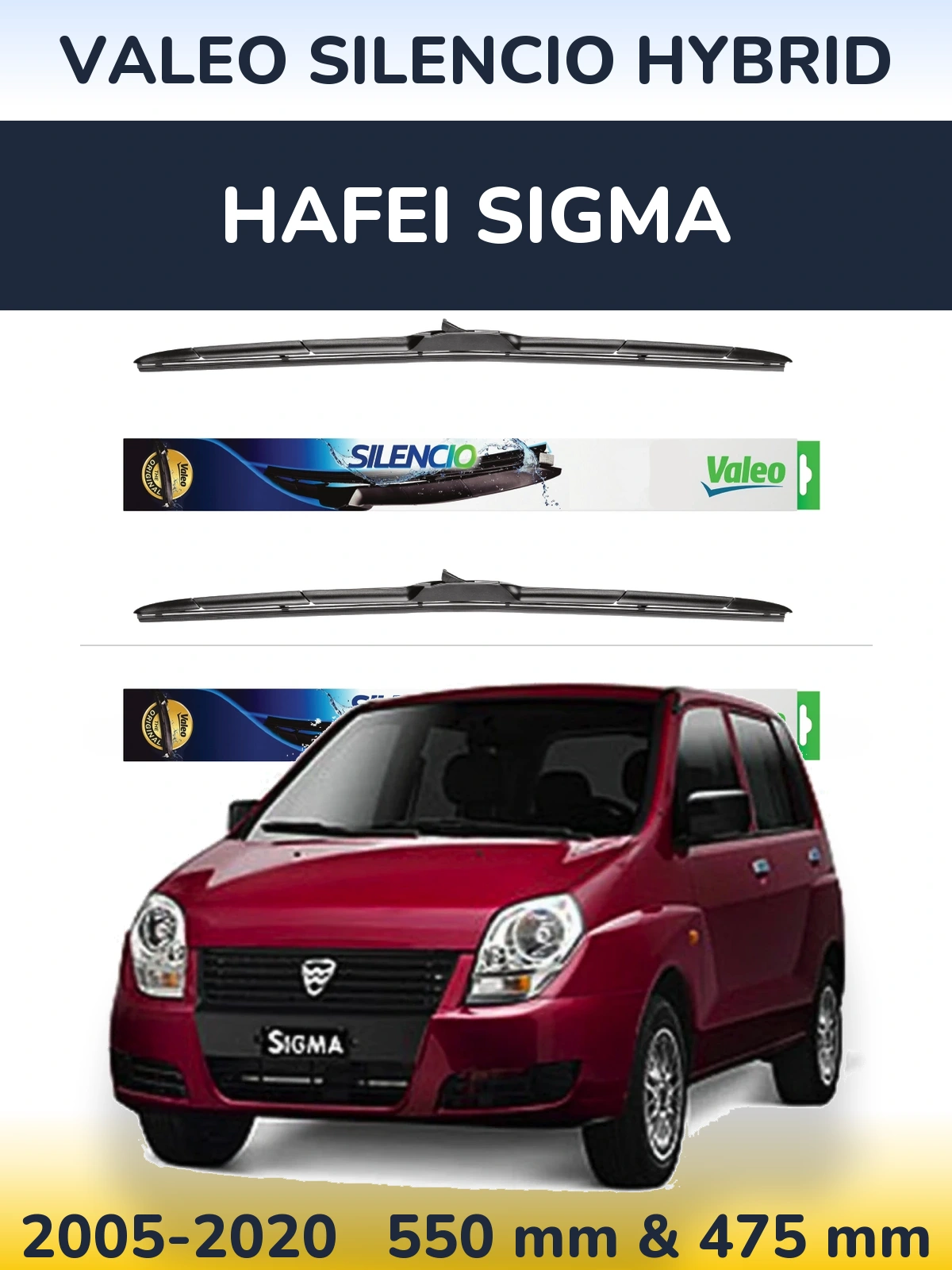 Front wiper blade set Valeo Silencio Hybrid 550 & 475 mm for Hafei Sigma 2005-2020