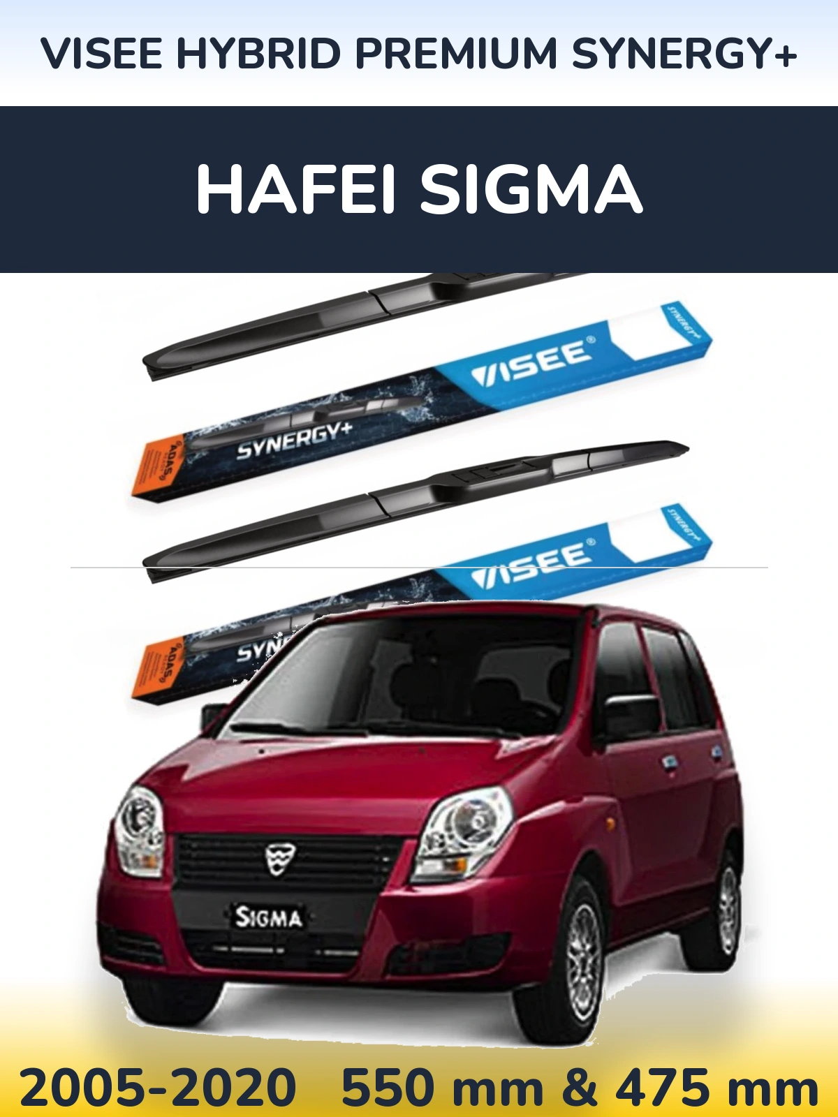 Front wiper blade set VISEE HYBRID PREMIUM SYNERGY+ 550 & 475 mm for Hafei Sigma 2005-2020