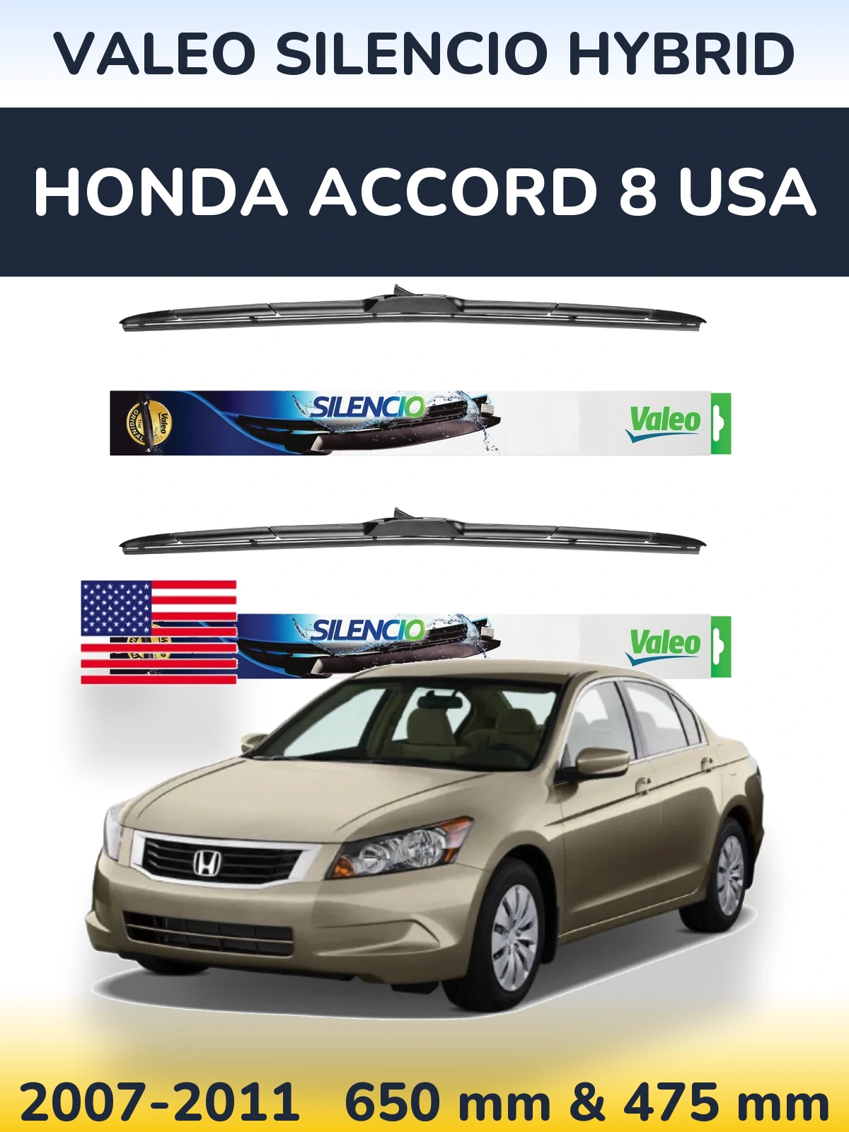 Комплект передних дворников Valeo Silencio Hybrid 650 & 475 мм для Honda Accord 8 USA 2007-2011