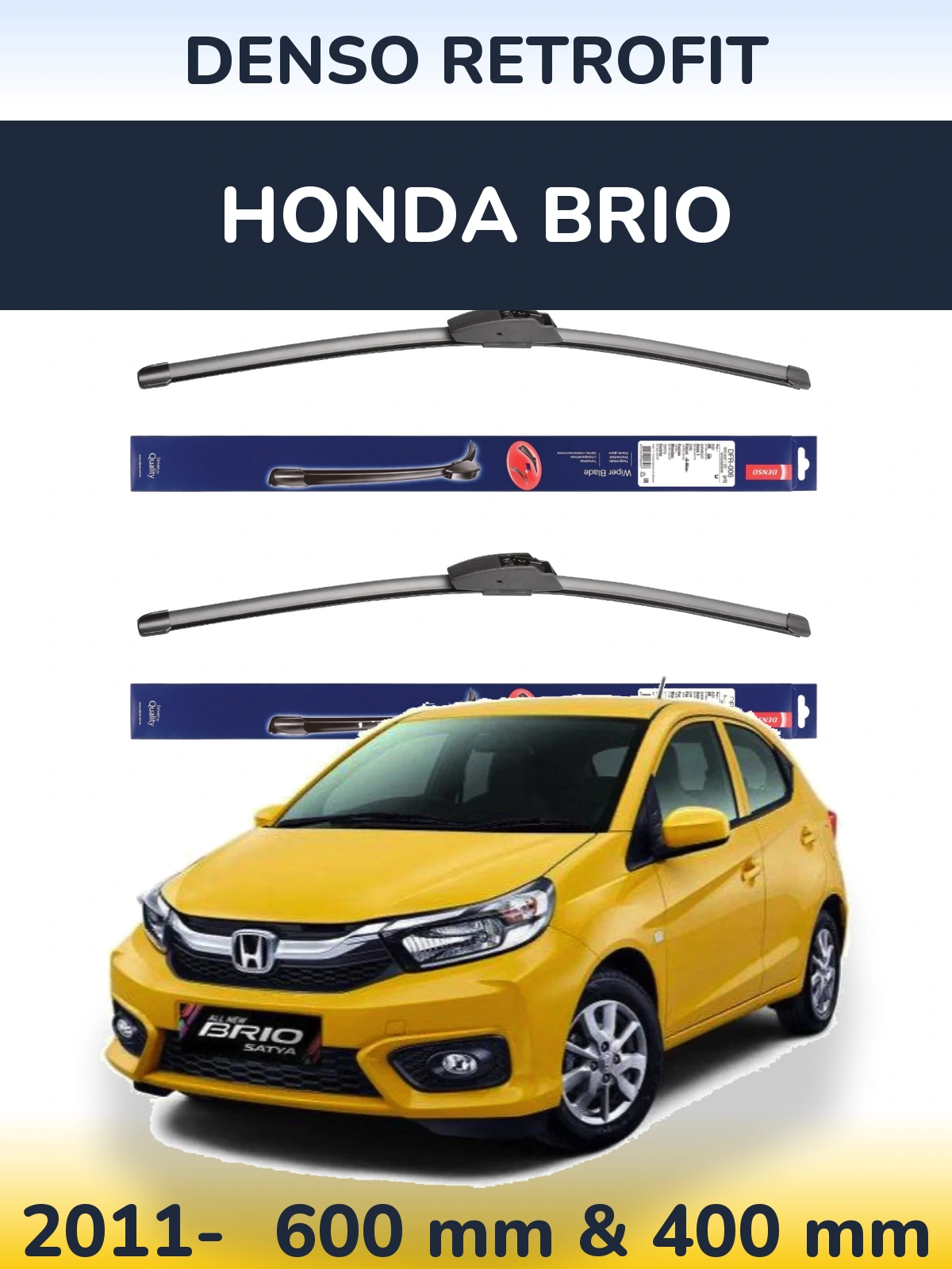 Front wiper blade set Denso Retrofit 600 & 400 mm for Honda Brio 2011-2026