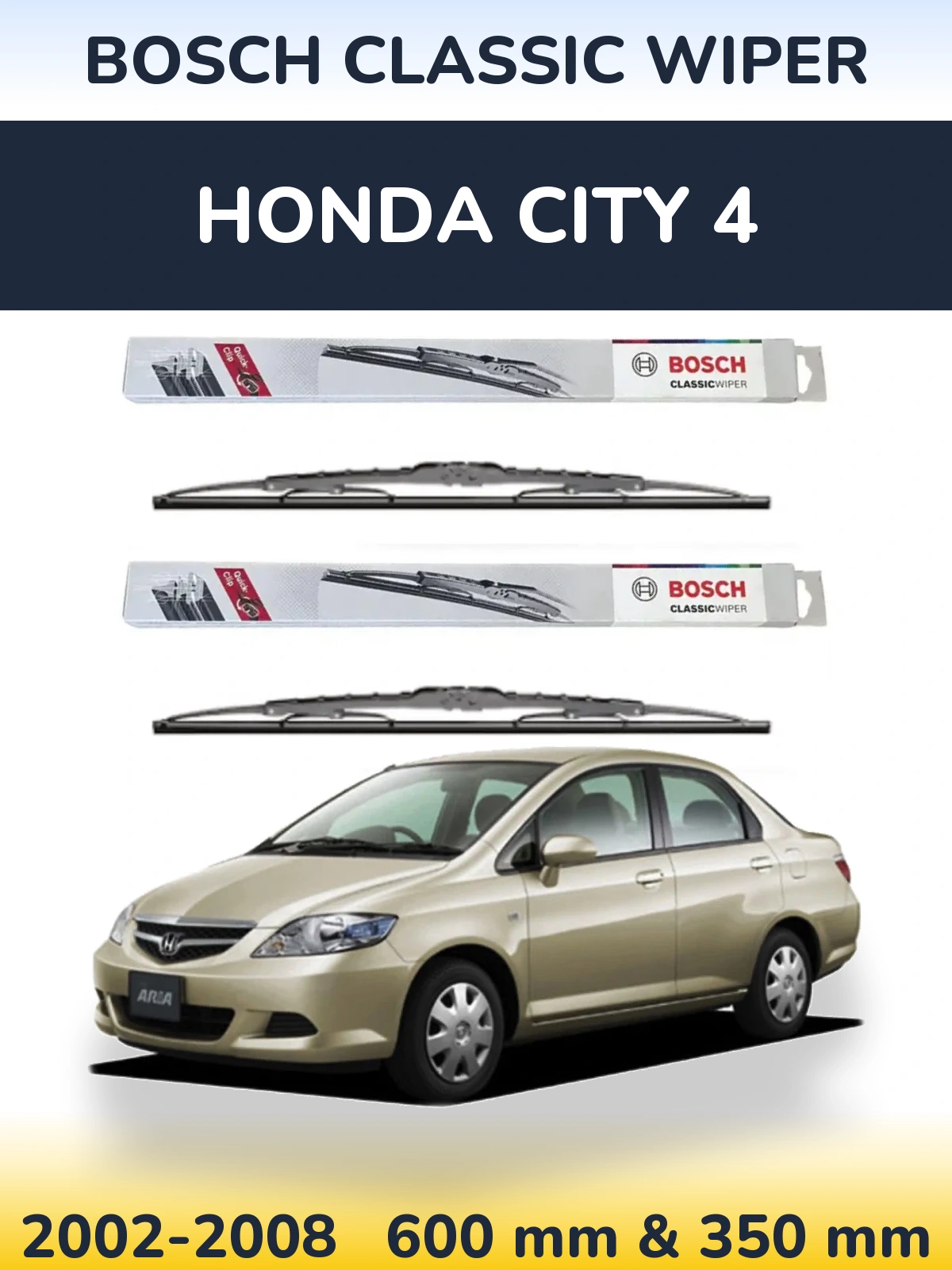 Front wiper blade set BOSCH Classic Wiper 600 & 340 mm for Honda City 4 2002-2008