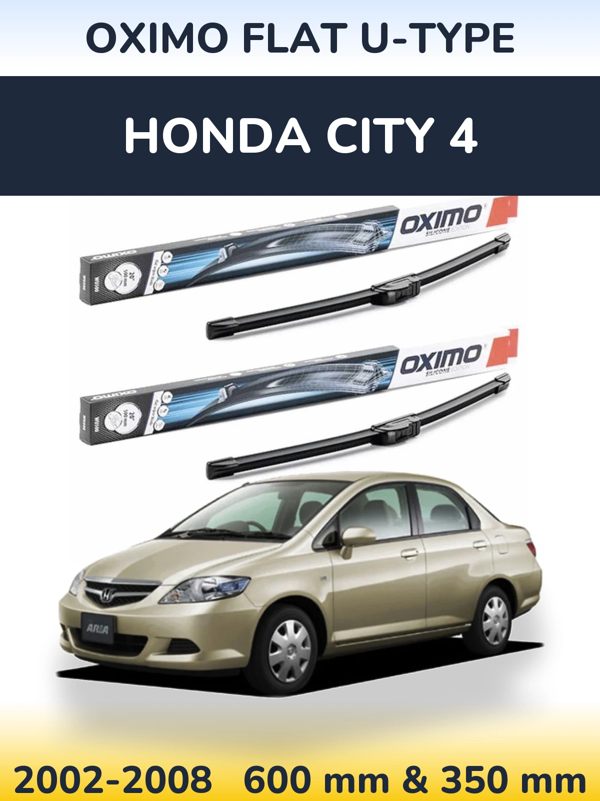 Комплект передних дворников Oximo Flat U-type 600 & 350 мм для Honda City 4 2002-2008