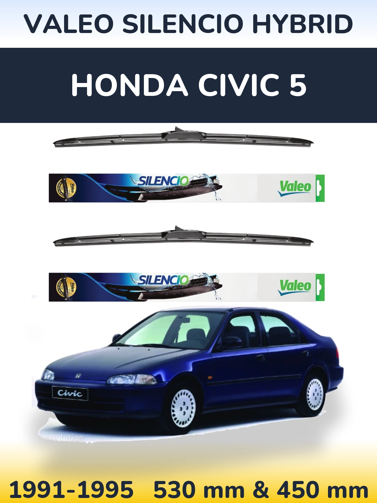 Front wiper blade set Valeo Silencio Hybrid 530 & 450 mm for Honda Civic 5 1991-1995