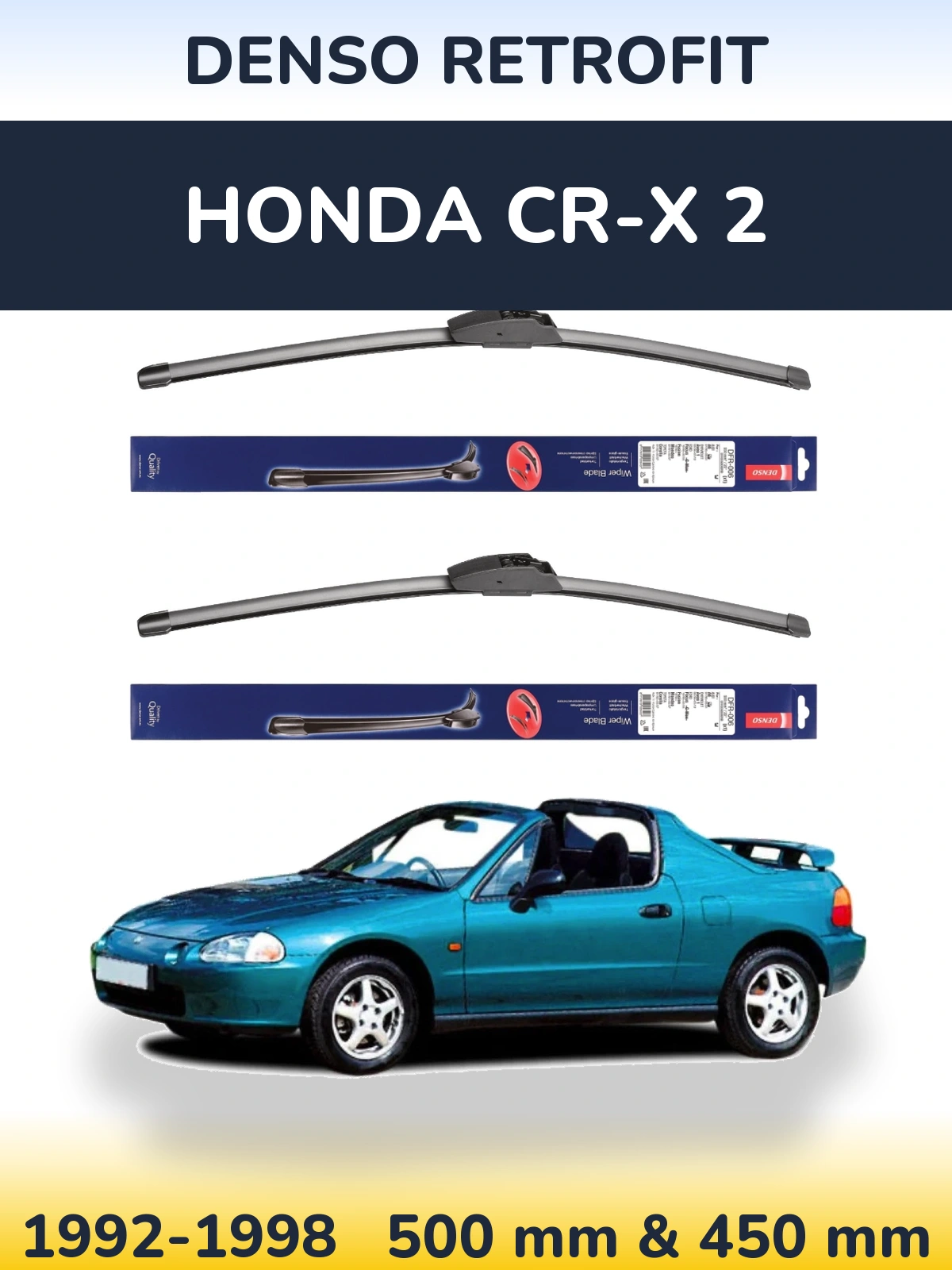 Front wiper blade set Denso Retrofit 500 & 450 mm for Honda CR-X 2 1992-1998
