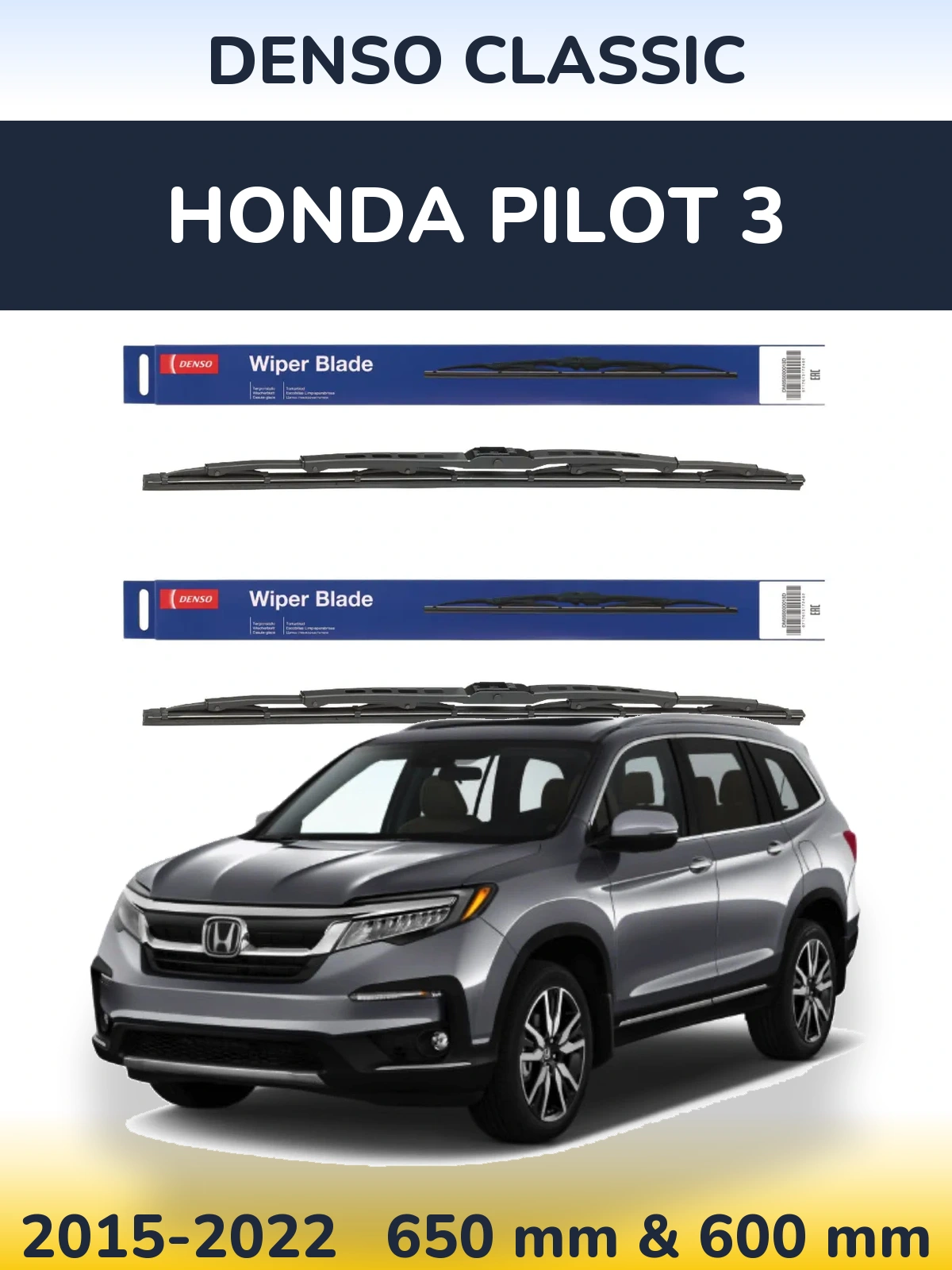 Front wiper blade set Denso Classic 650 & 600 mm for Honda Pilot 3 2015-2022