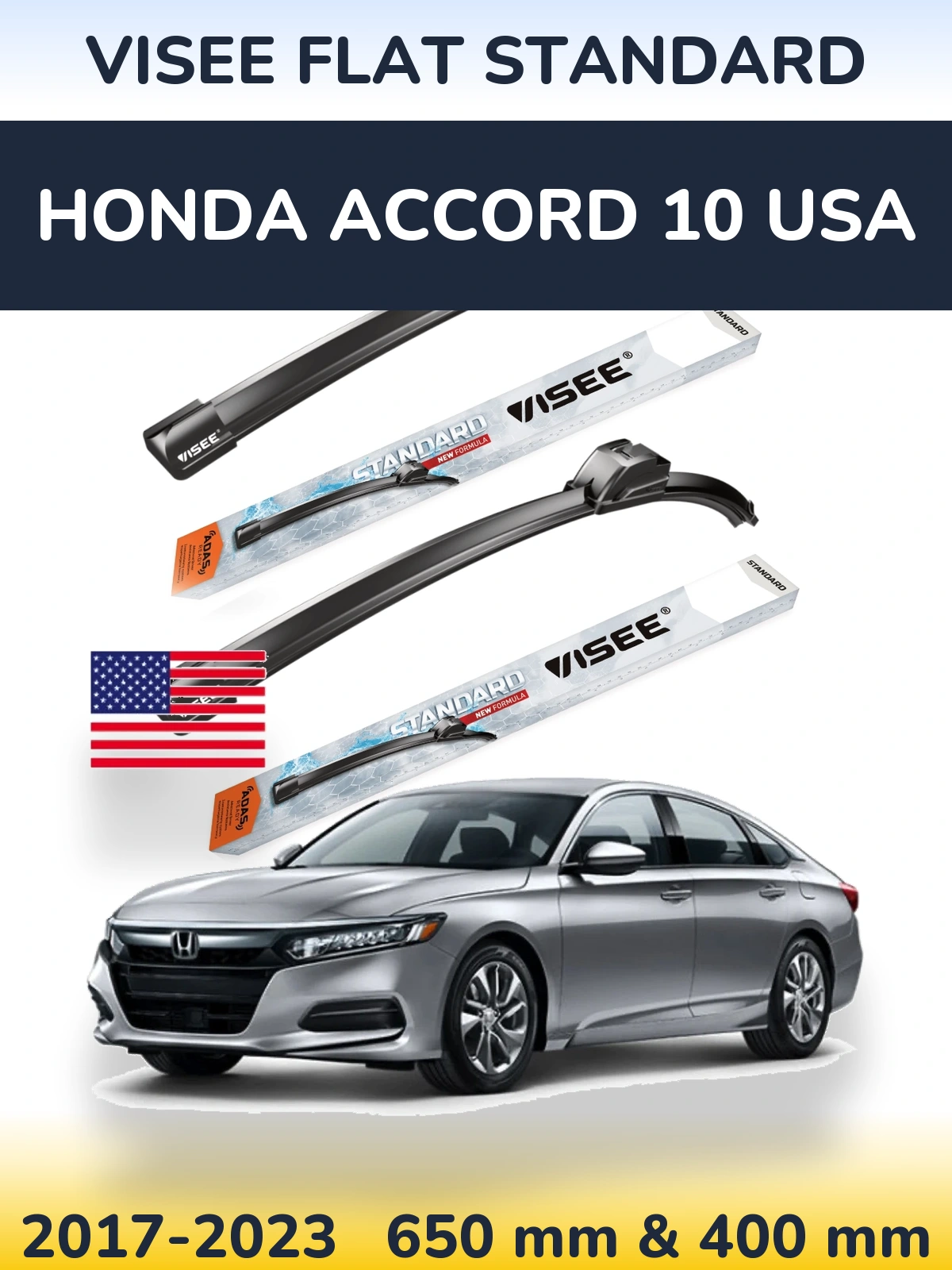 Комплект передних дворников VISEE FLAT STANDARD 650 & 400 мм для Honda Accord 10 USA 2017-2023