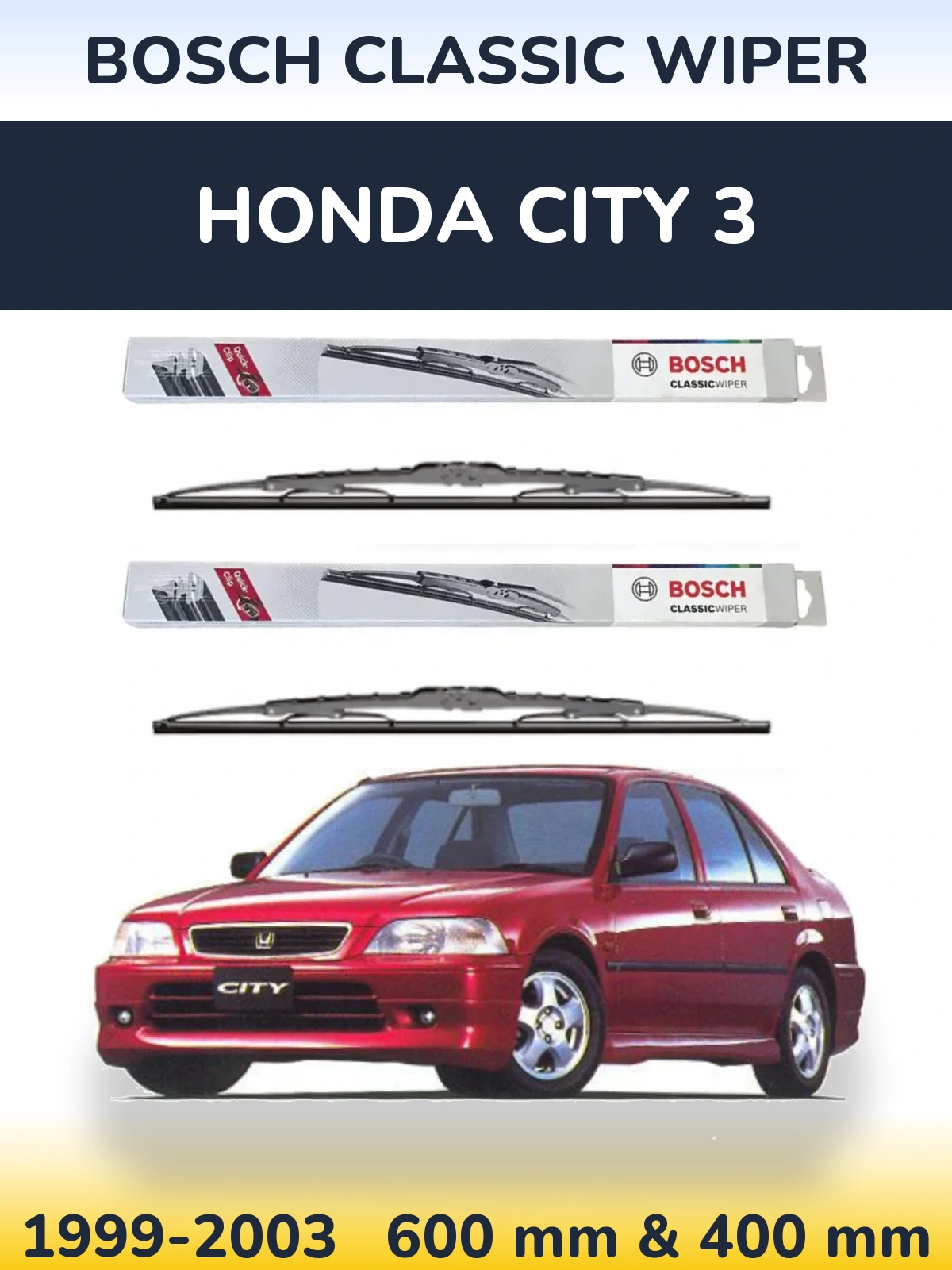 Front wiper blade set BOSCH Classic Wiper 600 & 400 mm for Honda City 3 1999-2003