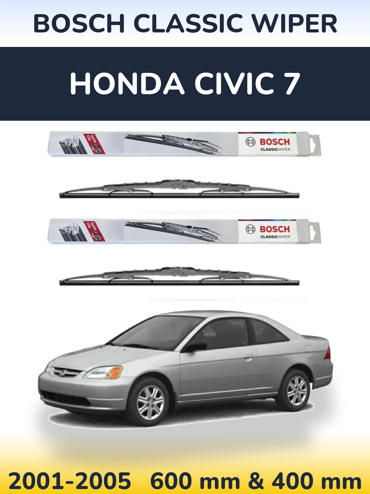 Front wiper blade set BOSCH Classic Wiper 600 & 400 mm for Honda Civic 7 2001-2005