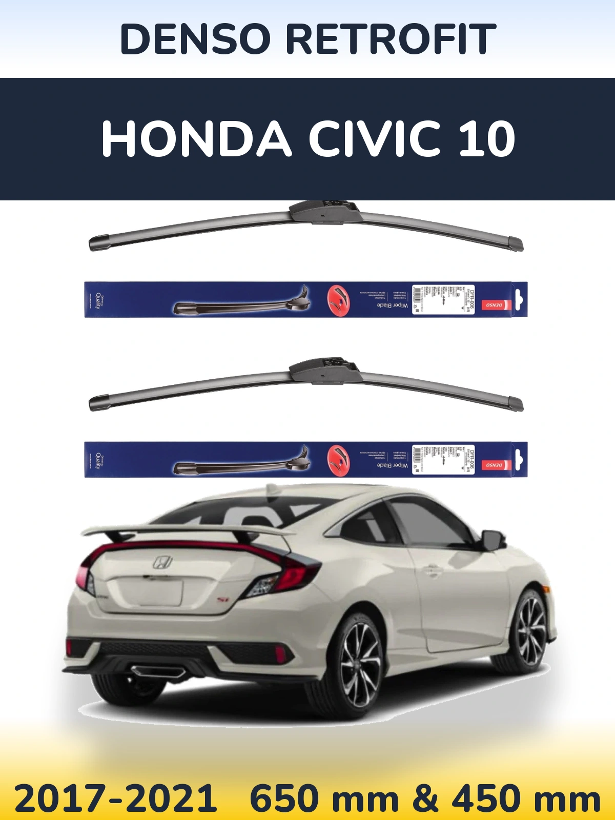 Front wiper blade set Denso Retrofit 650 & 450 mm for Honda Civic 10 2017-2021