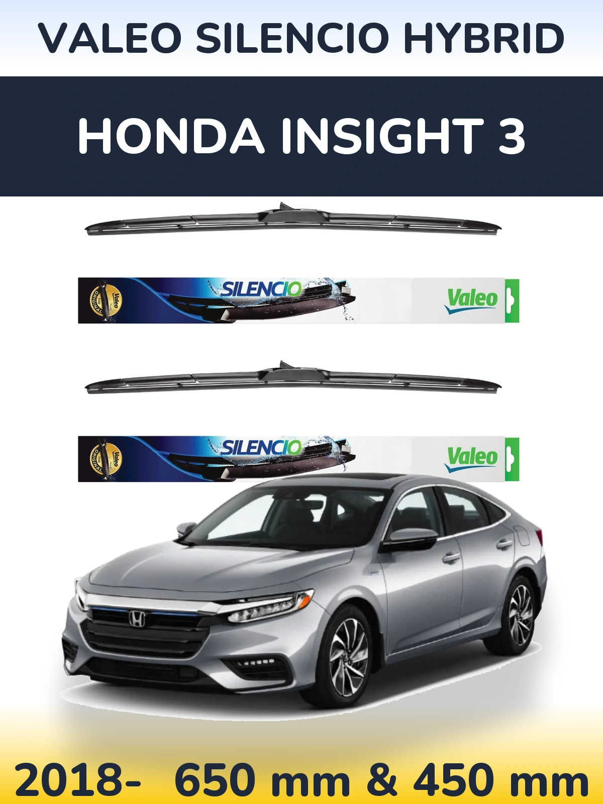 Front wiper blade set Valeo Silencio Hybrid 650 & 450 mm for Honda Insight 3 2018-2026