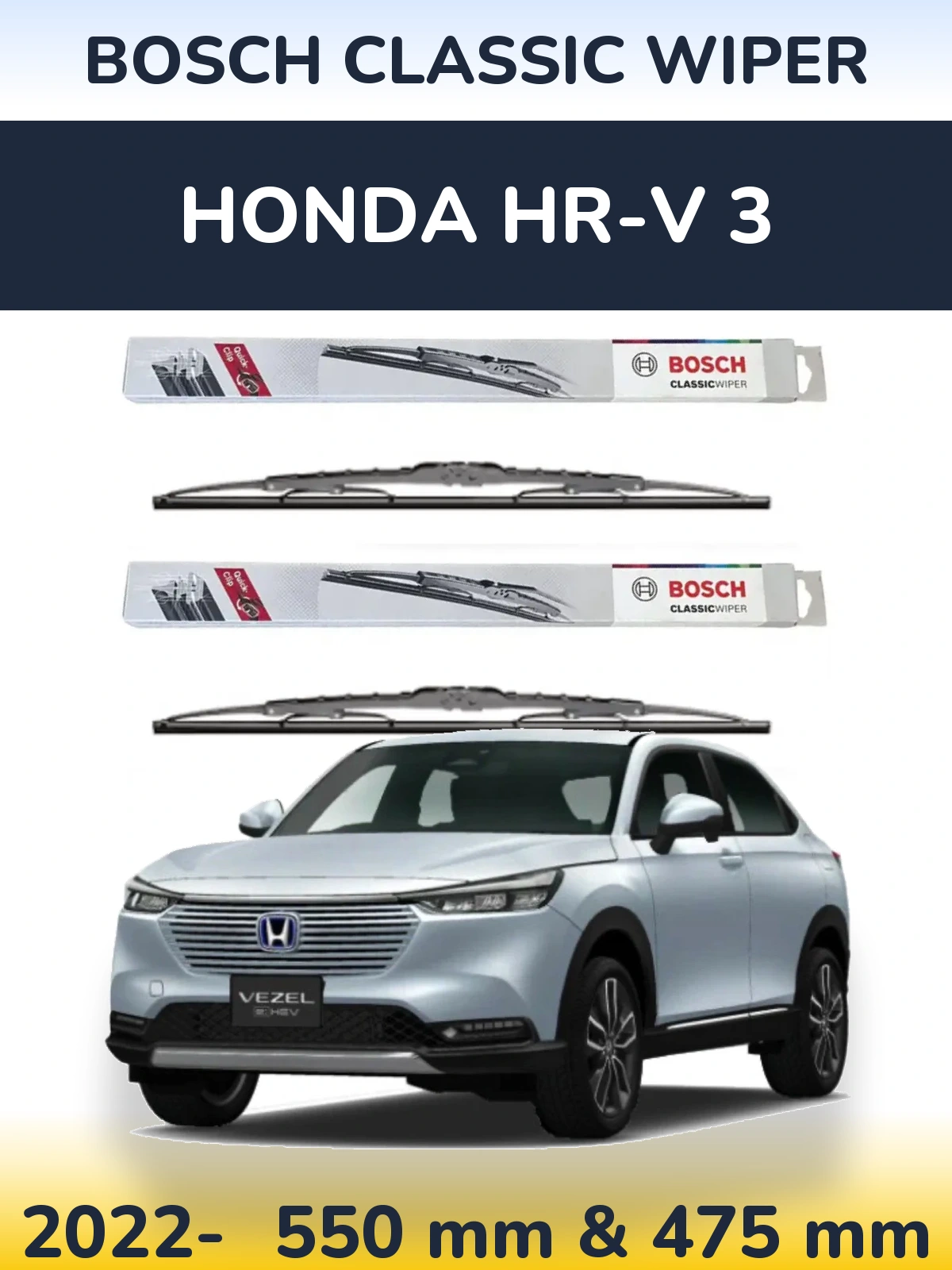 Front wiper blade set BOSCH Classic Wiper 550 & 475 mm for Honda HR-V 3 2022-2026