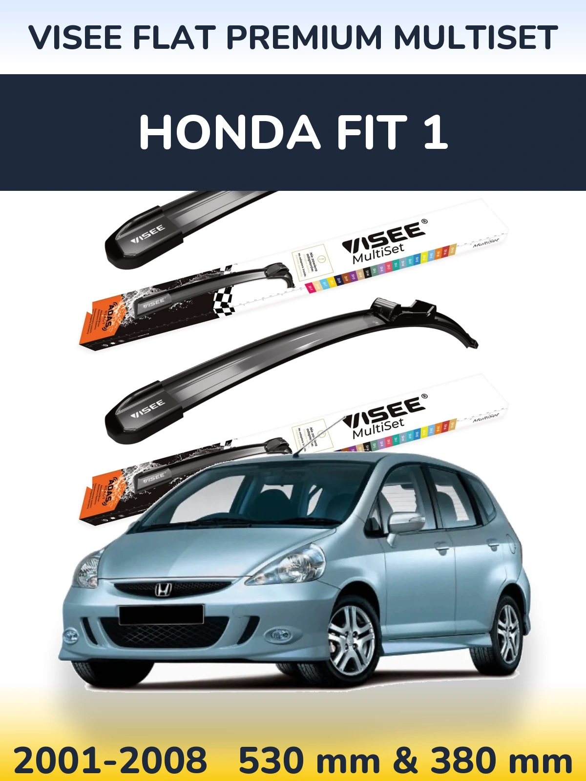 Front wiper blade set VISEE FLAT PREMIUM MultiSet 530 & 380 mm for Honda Fit 1 2001-2008