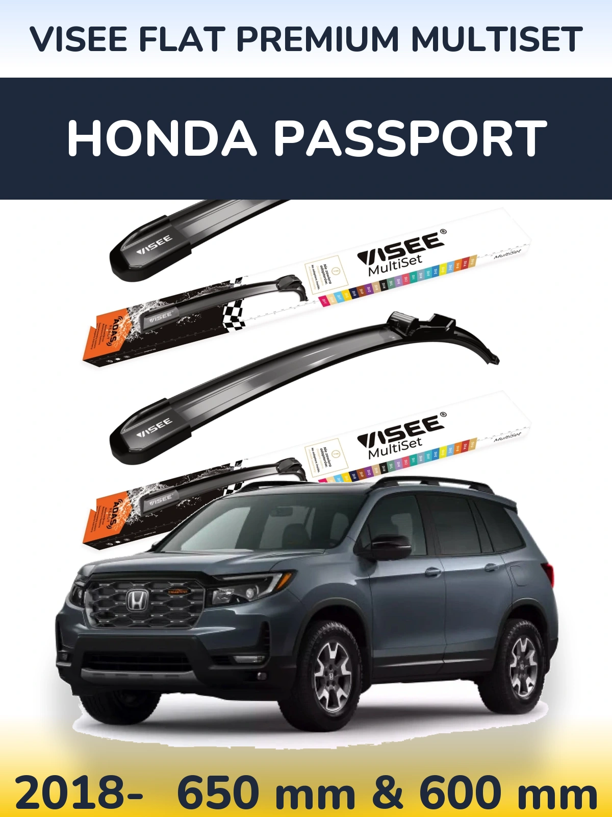 Front wiper blade set VISEE FLAT PREMIUM MultiSet 650 & 600 mm for Honda Passport 2018-2026