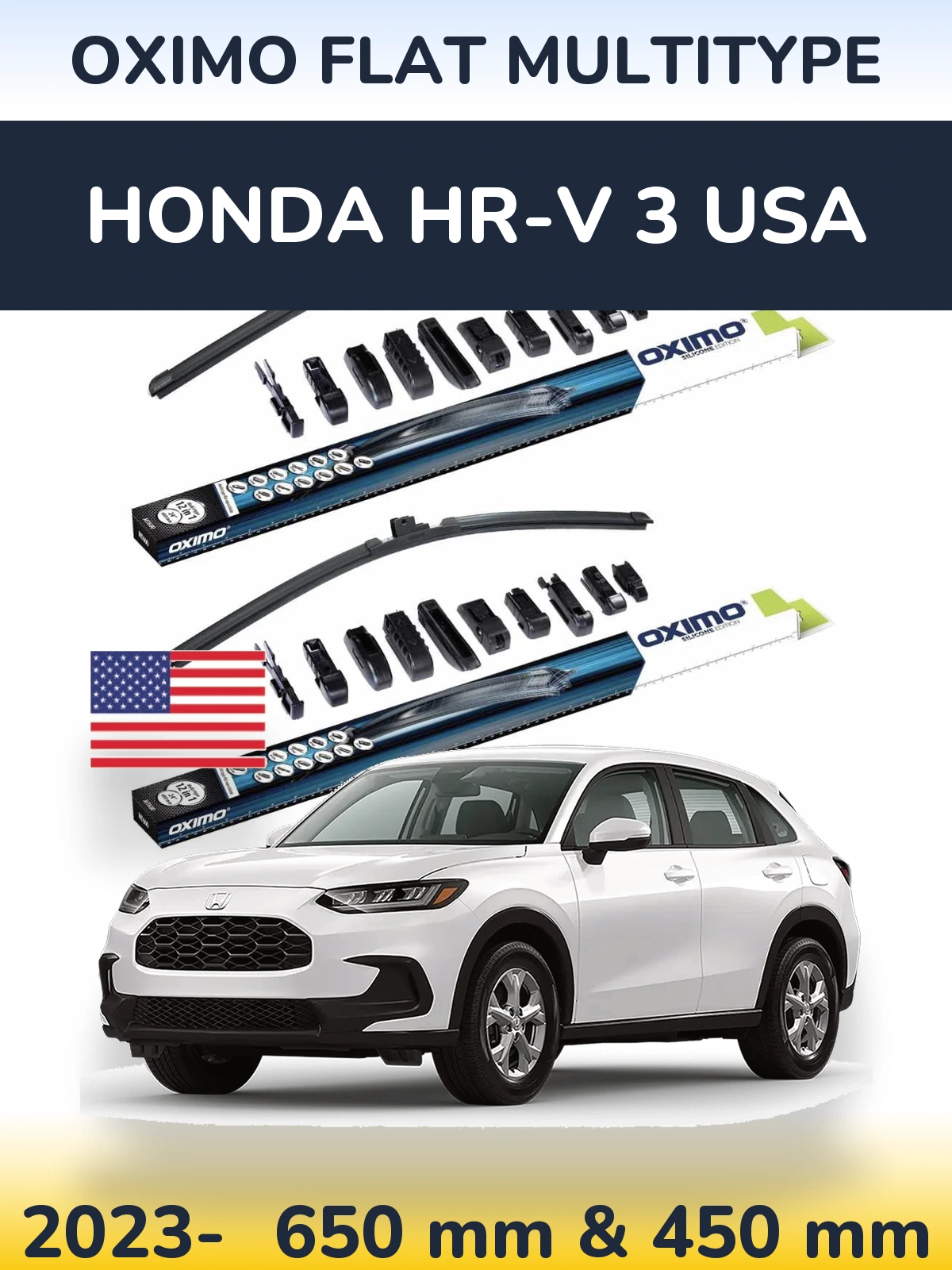 Front wiper blade set Oximo Flat MultiTypee 650 & 450 mm for Honda HR-V 3 USA 2023-2026