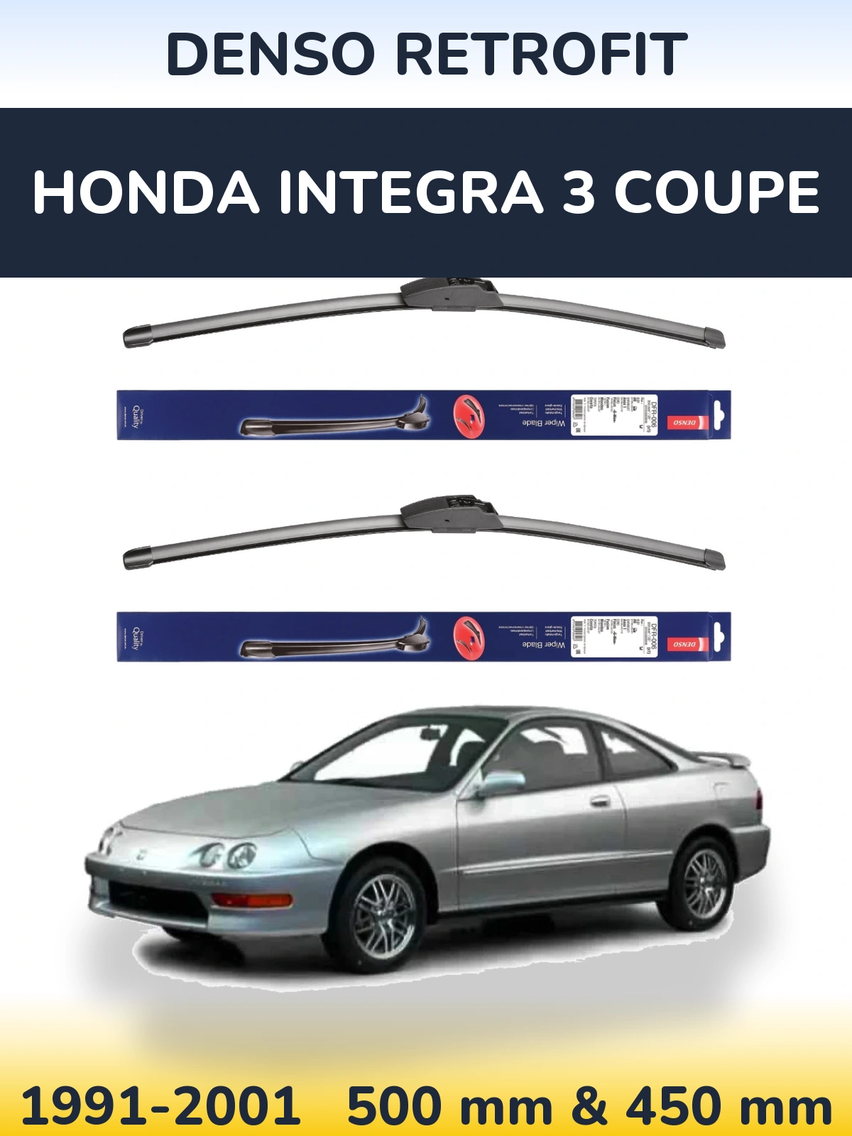 Front wiper blade set Denso Retrofit 500 & 450 mm for Honda Integra 3 coupe 1991-2001