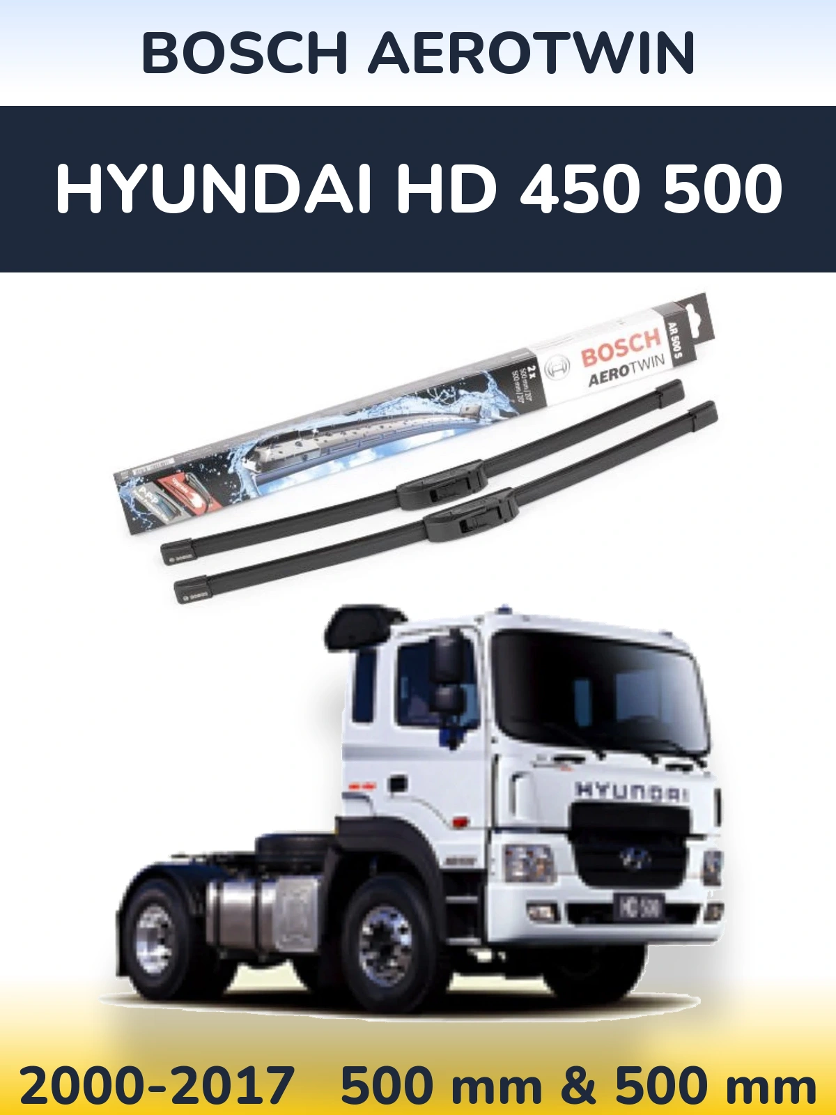 Front wiper blade set BOSCH AeroTwin 500 & 500 mm for Hyundai HD 450 500 2000-2017