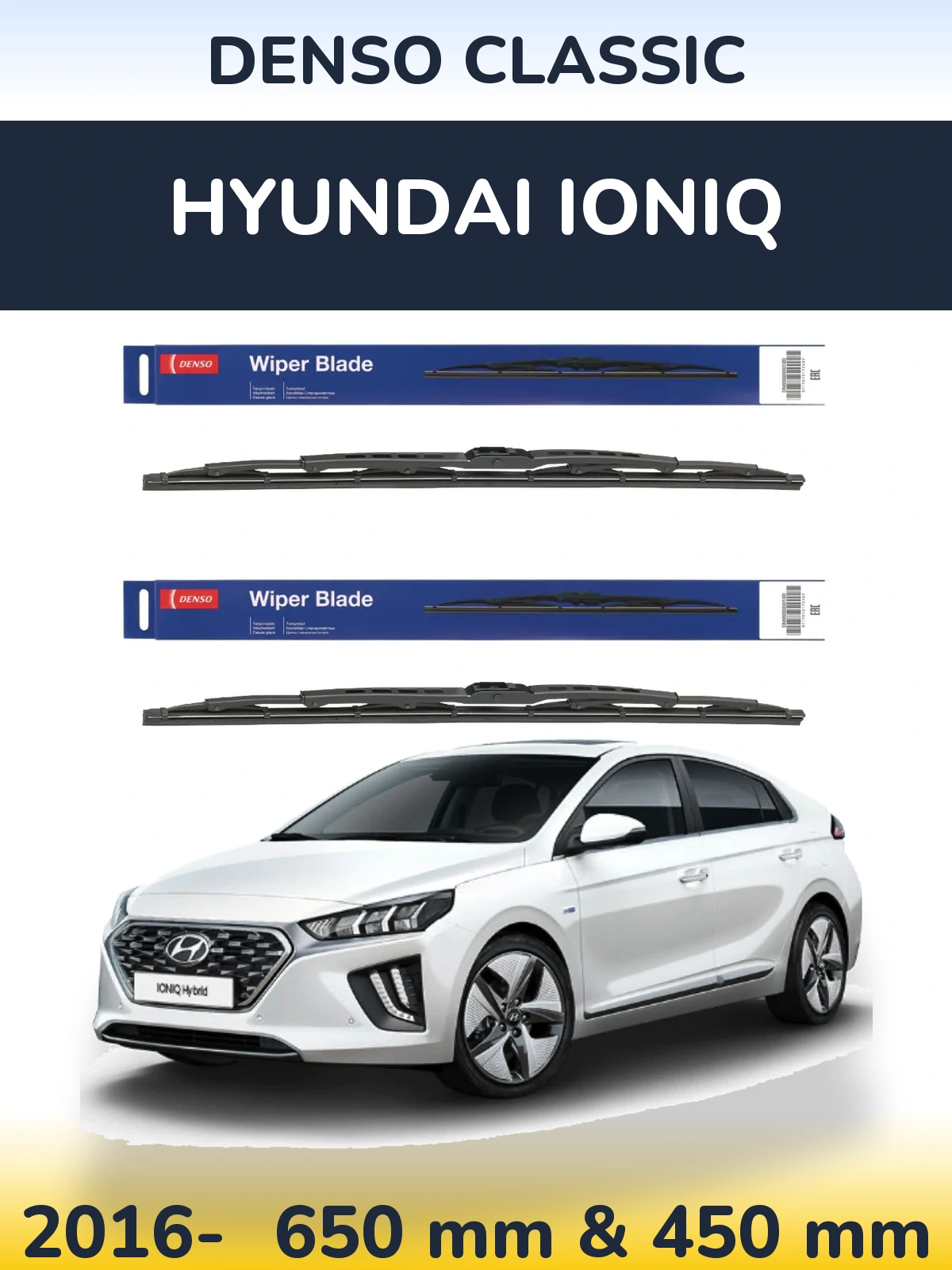 Front wiper blade set Denso Classic 650 & 450 mm for Hyundai IONIQ 2016-2026